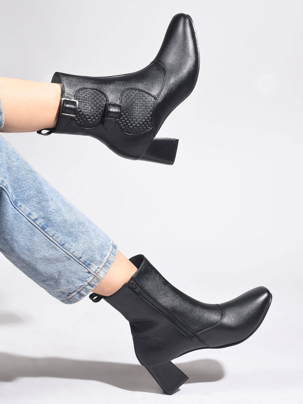 Black Mid Calf Block Heel Buckle Boots | BT61 - view 1