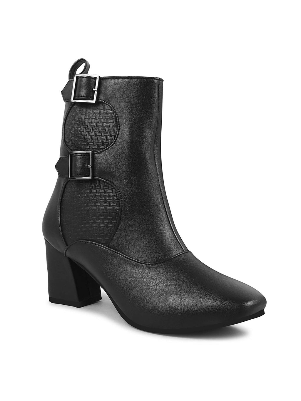 Black Mid Calf Block Heel Buckle Boots | BT61 - view 2