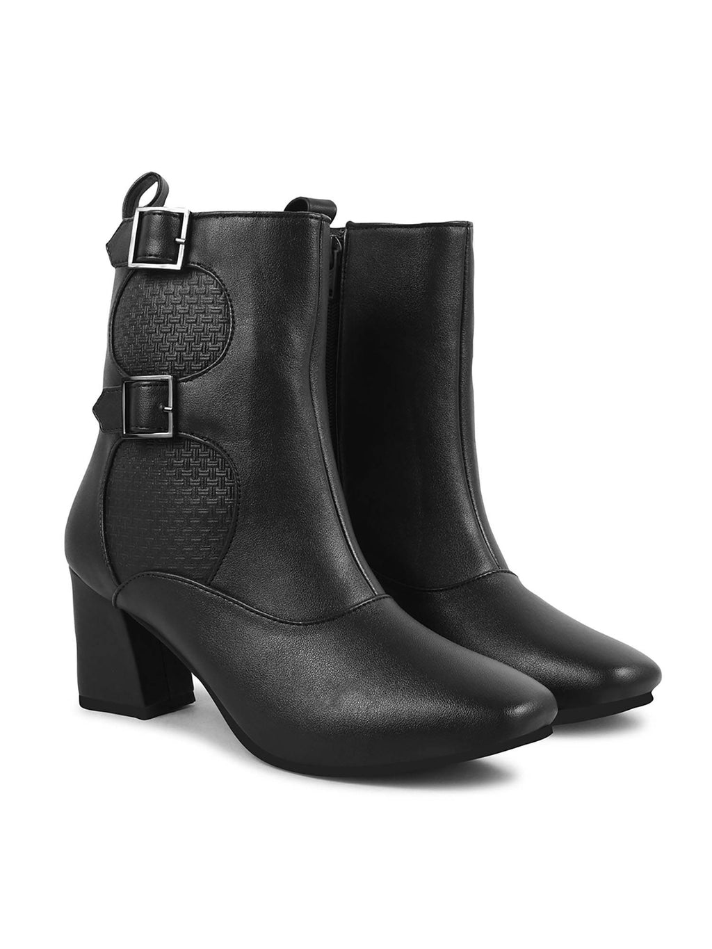 Black Mid Calf Block Heel Buckle Boots | BT61 - view 7