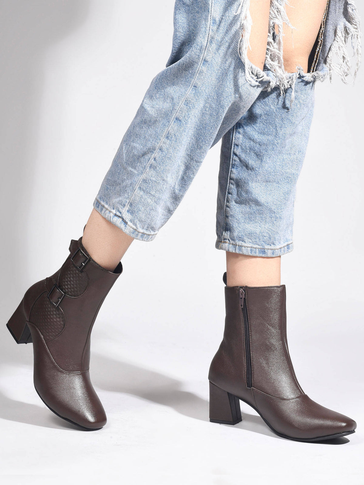 Brown Mid Calf Block Heel Buckle Boots | BT61 - view 1
