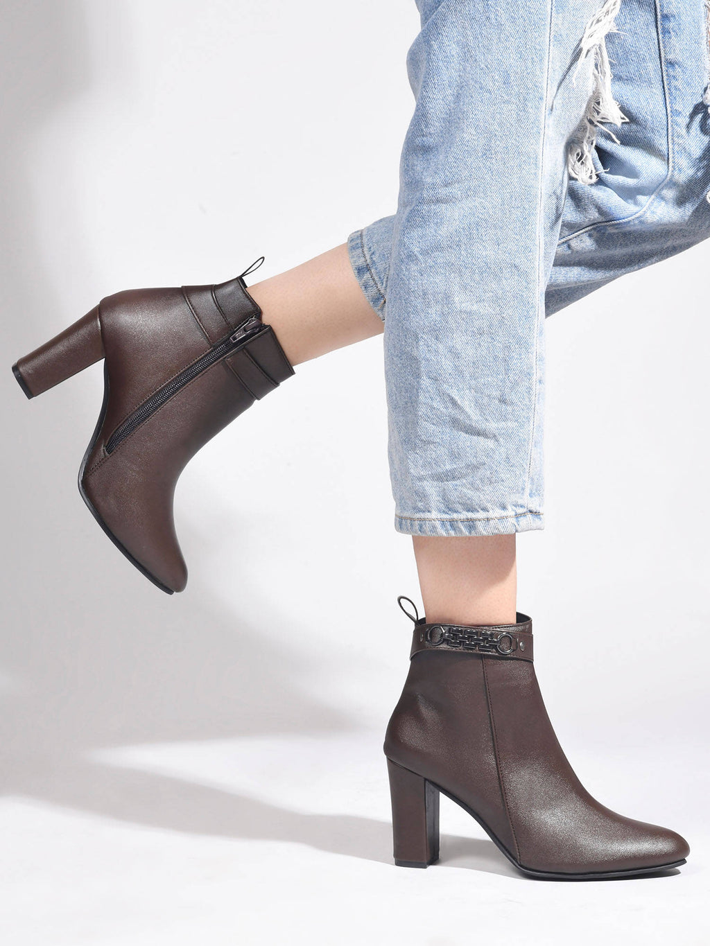 Block Heel Mid Brown Ankle Length Boots | BT61 - view 1