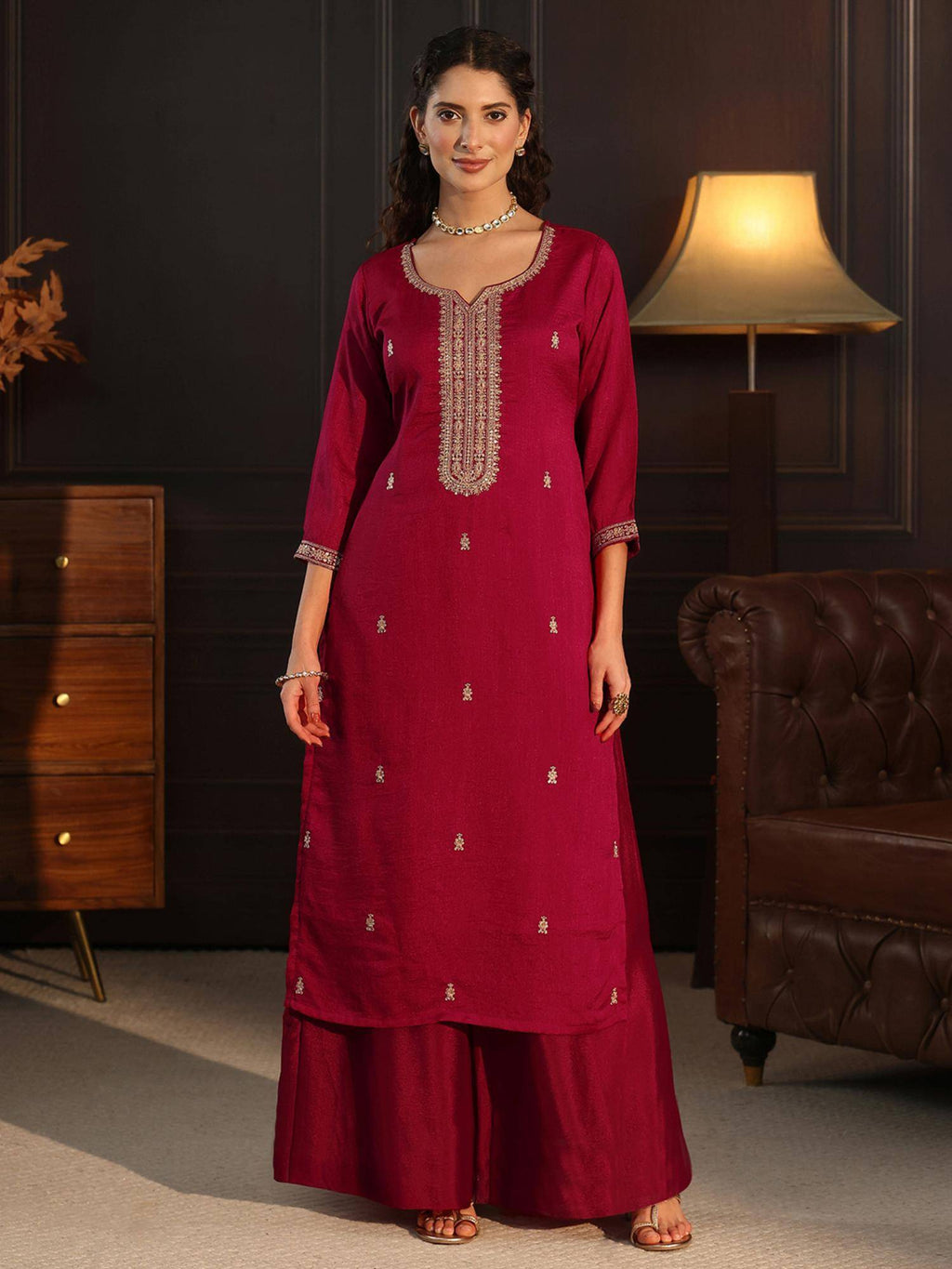 Women Red Embellished/Sequined Silk Blend Kurta | KDG - view 1
