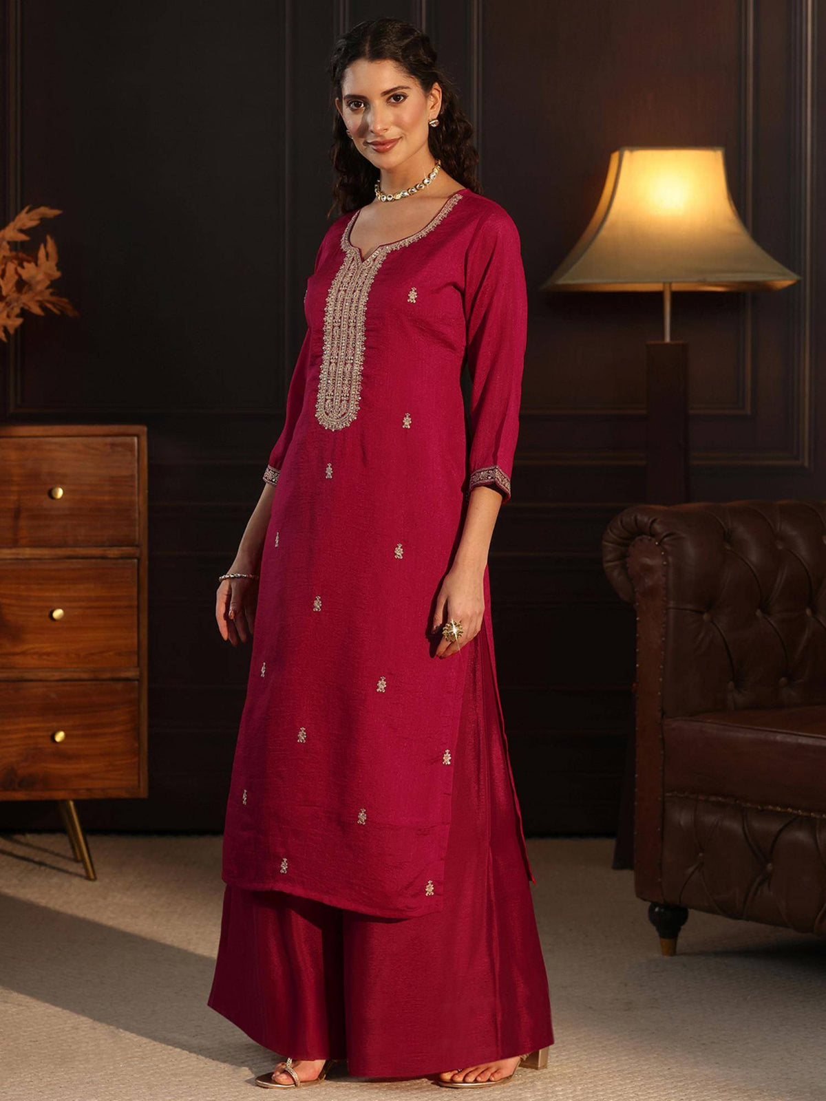 Women Red Embellished/Sequined Silk Blend Kurta | KDG - view 2