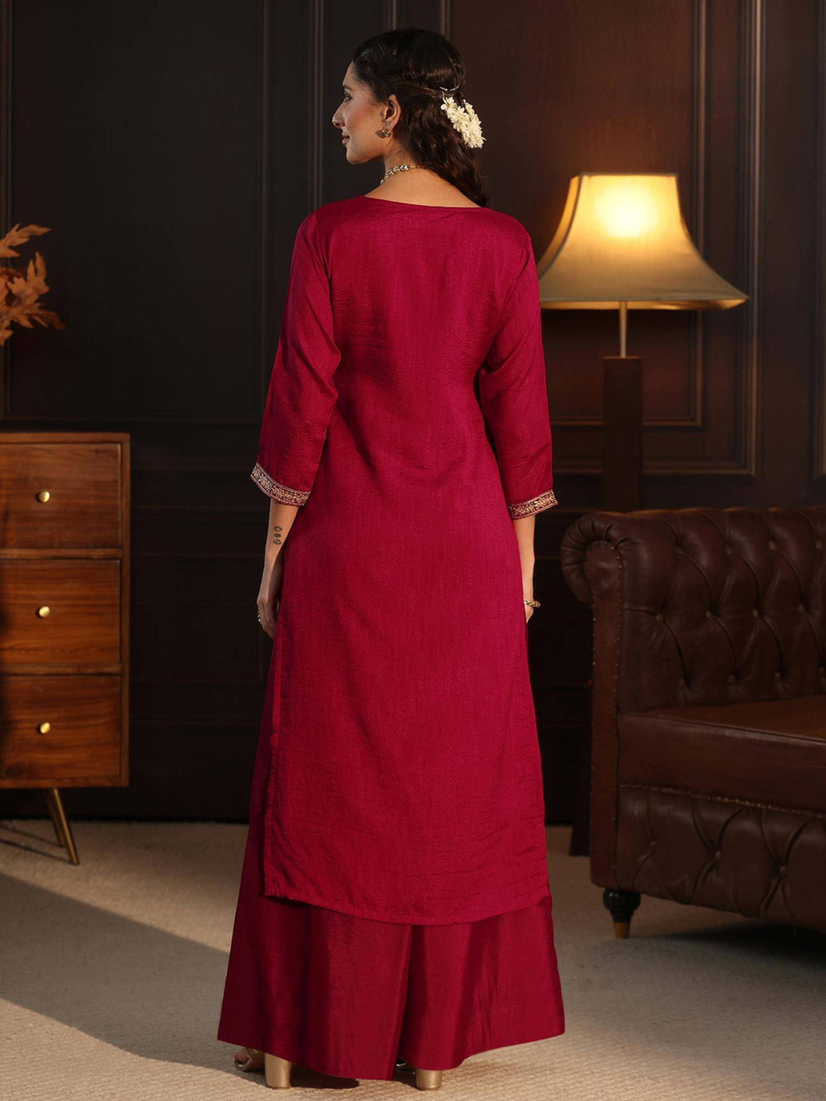 Women Red Embellished/Sequined Silk Blend Kurta | KDG - view 3