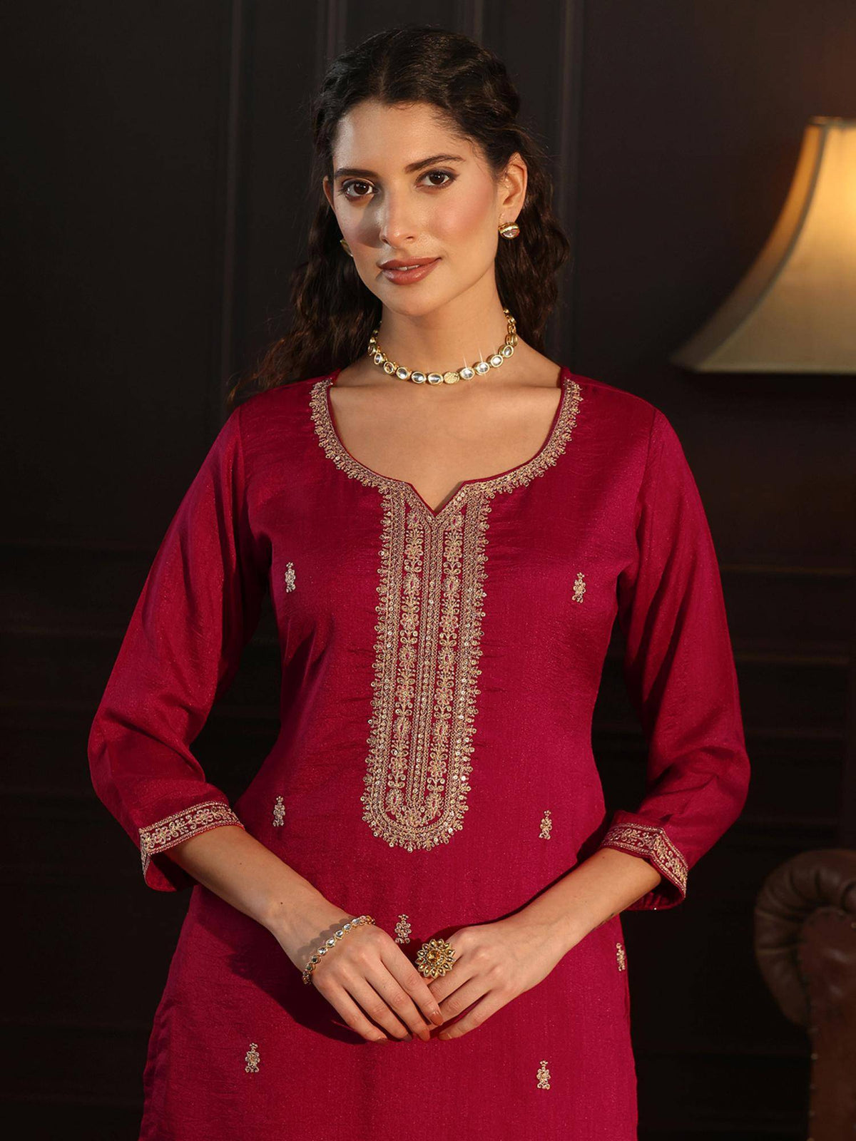 Women Red Embellished/Sequined Silk Blend Kurta | KDG - view 4
