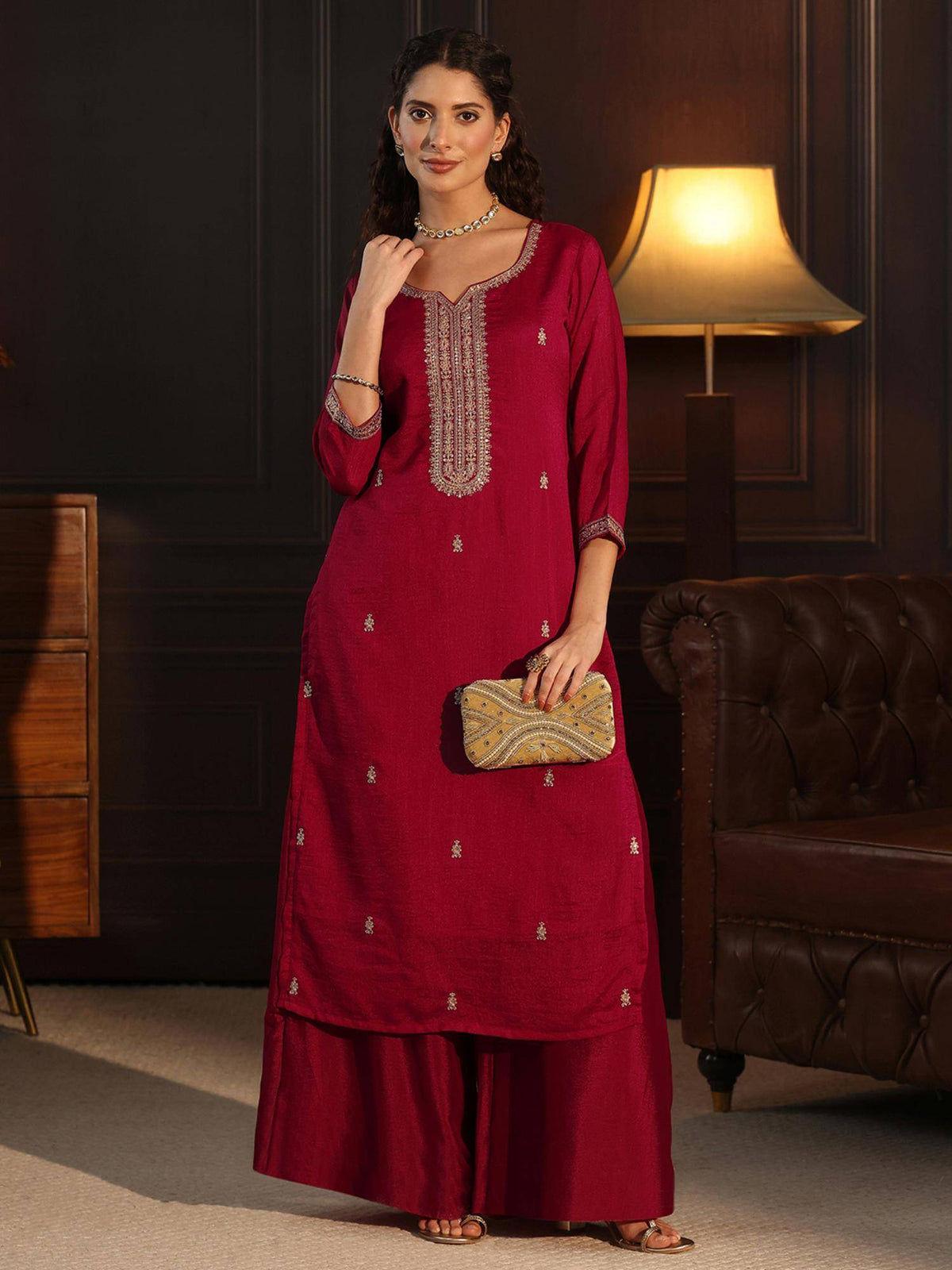 Women Red Embellished/Sequined Silk Blend Kurta | KDG - view 5
