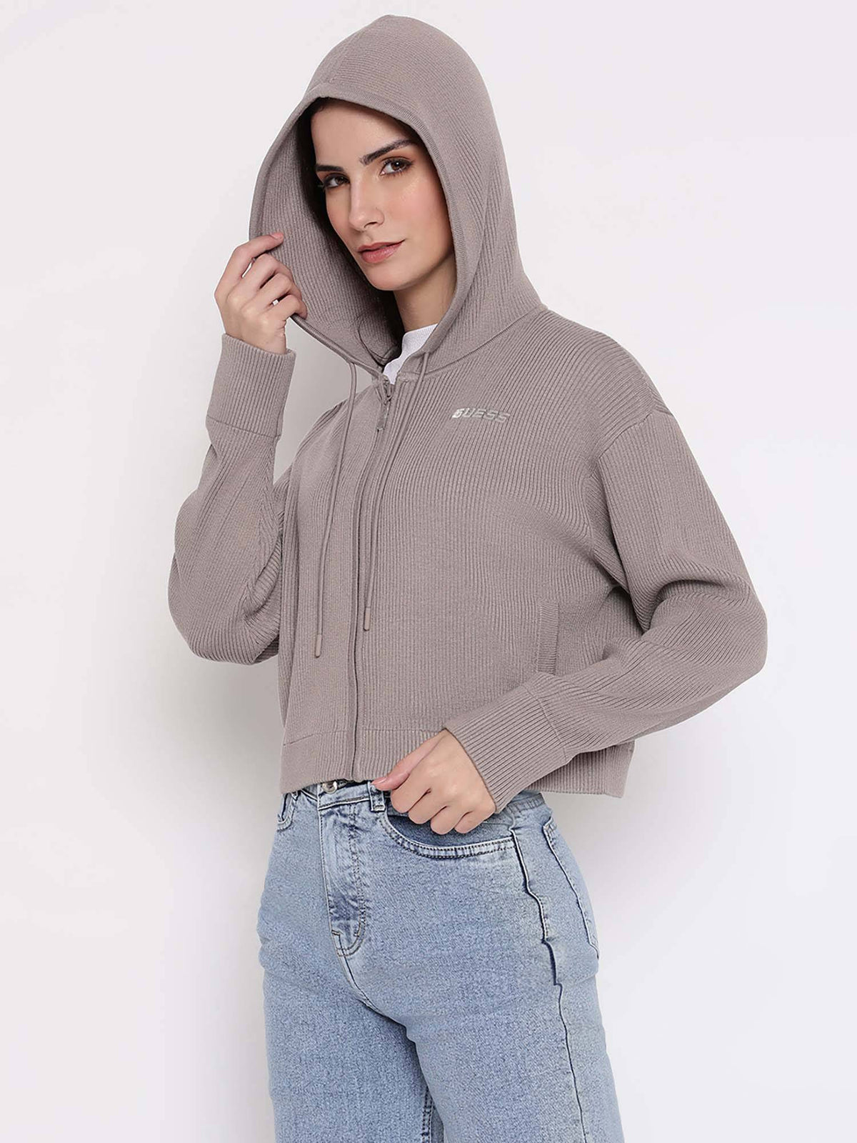 Flaminia Grey Ribbed Regular Fit Hoodie | HD56 - view 2
