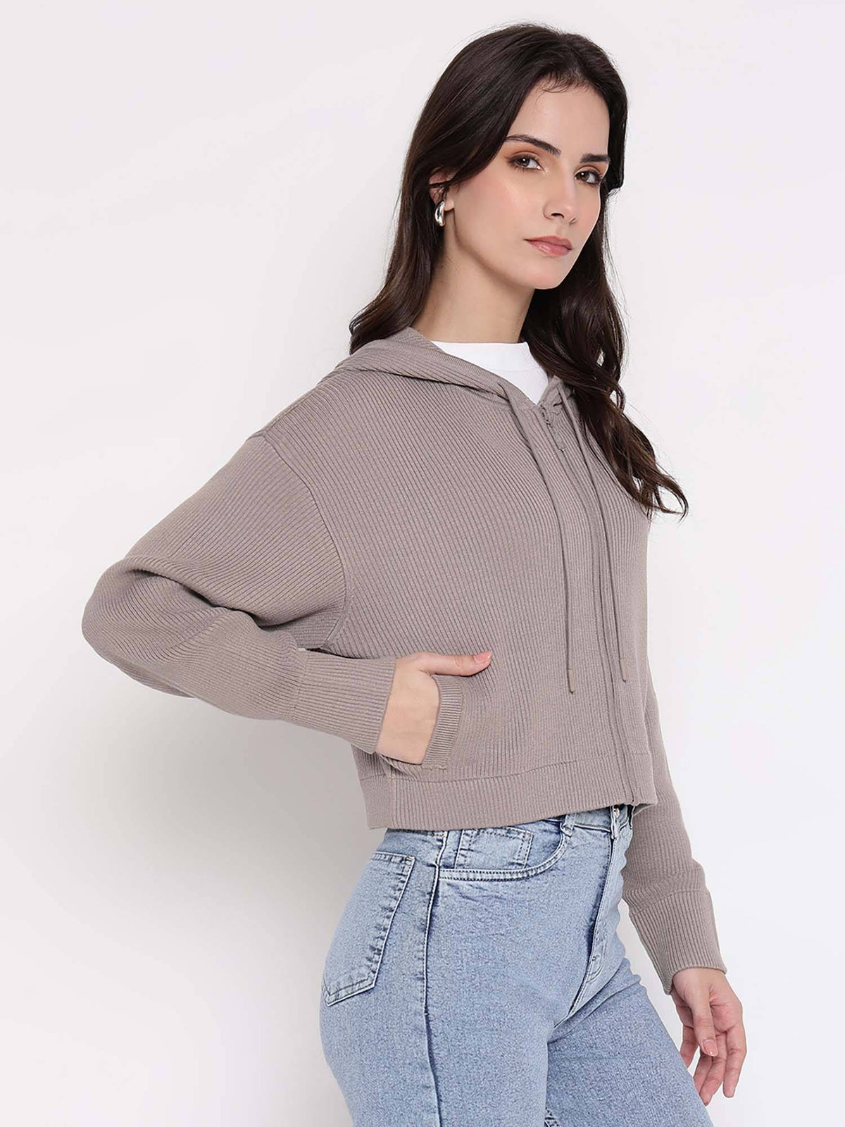 Flaminia Grey Ribbed Regular Fit Hoodie | HD56 - view 3