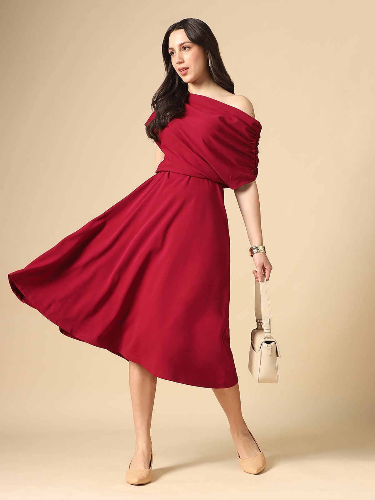 Women Maroon Ruched Sleeve Midi Dress | D56 - view 1
