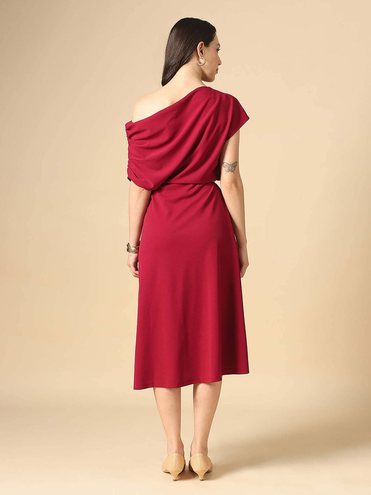Women Maroon Ruched Sleeve Midi Dress | D56 - view 3