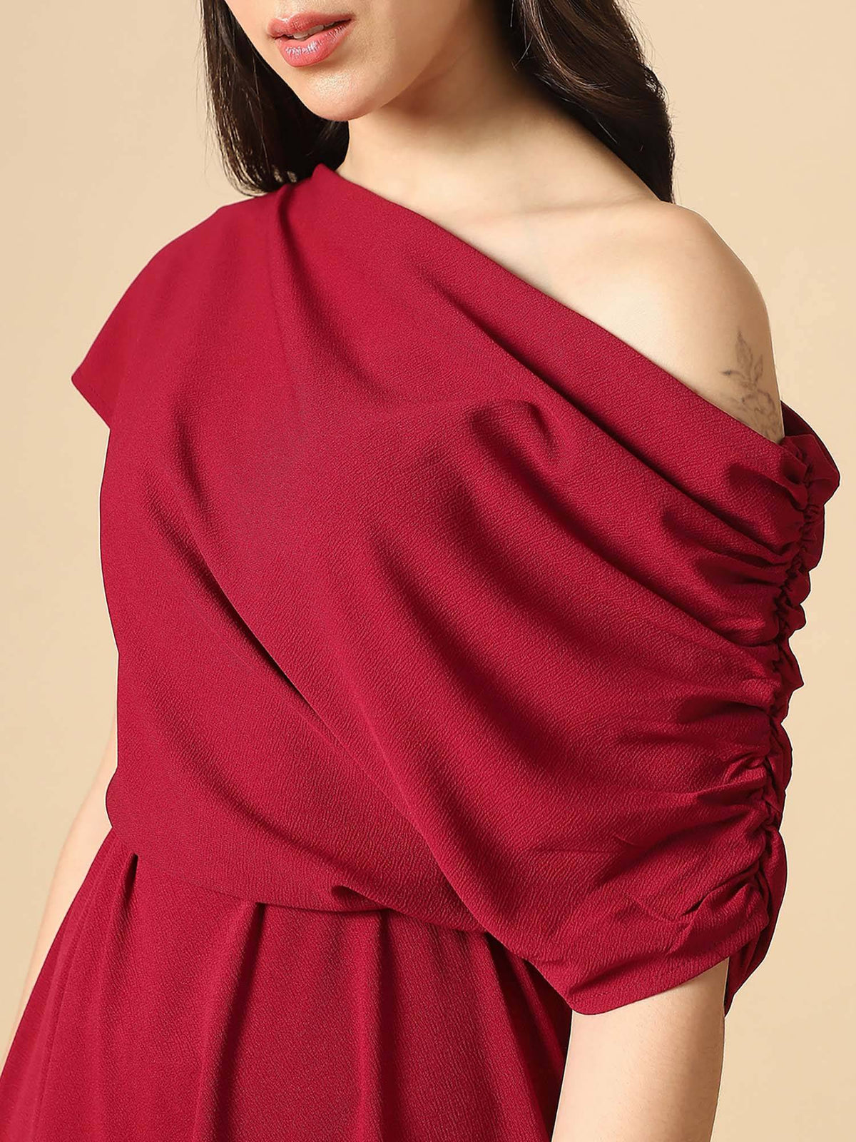 Women Maroon Ruched Sleeve Midi Dress | D56 - view 4