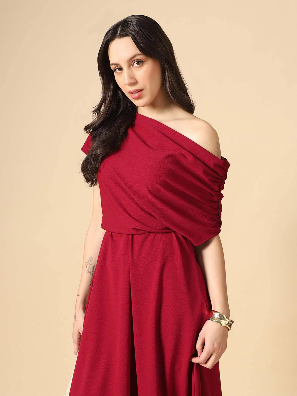 Women Maroon Ruched Sleeve Midi Dress | D56 - view 5