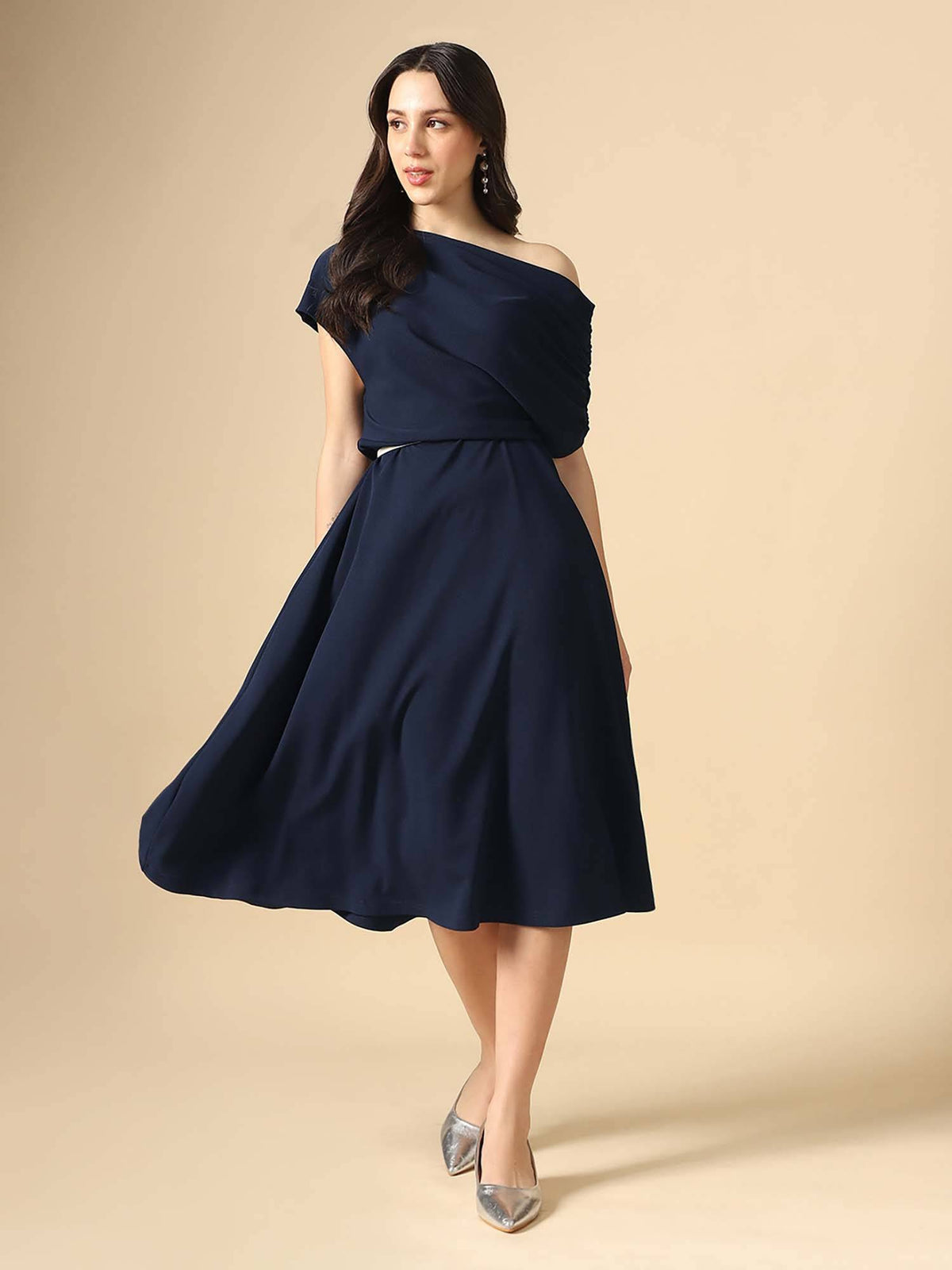 Women Navy Blue Ruched Sleeve Midi Dress | D56 - view 1