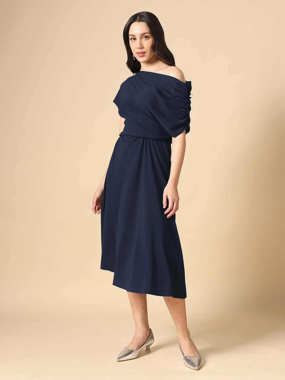 Women Navy Blue Ruched Sleeve Midi Dress | D56 - view 2