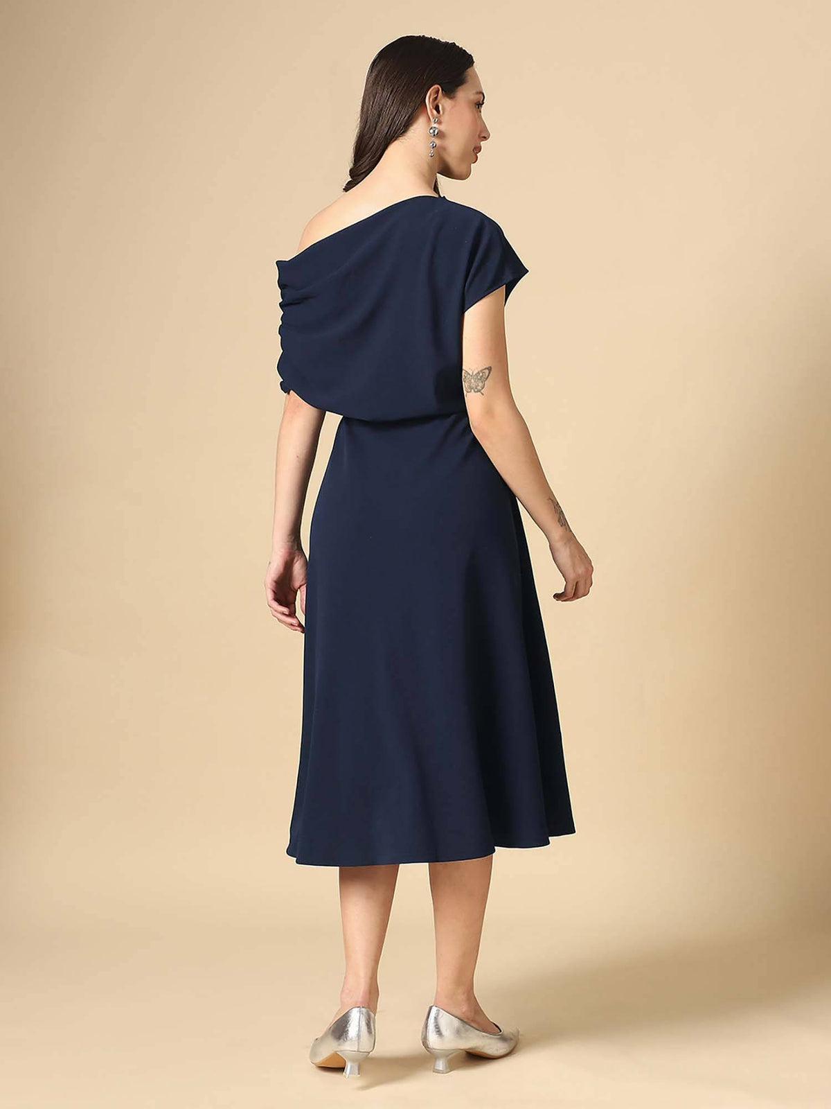 Women Navy Blue Ruched Sleeve Midi Dress | D56 - view 3