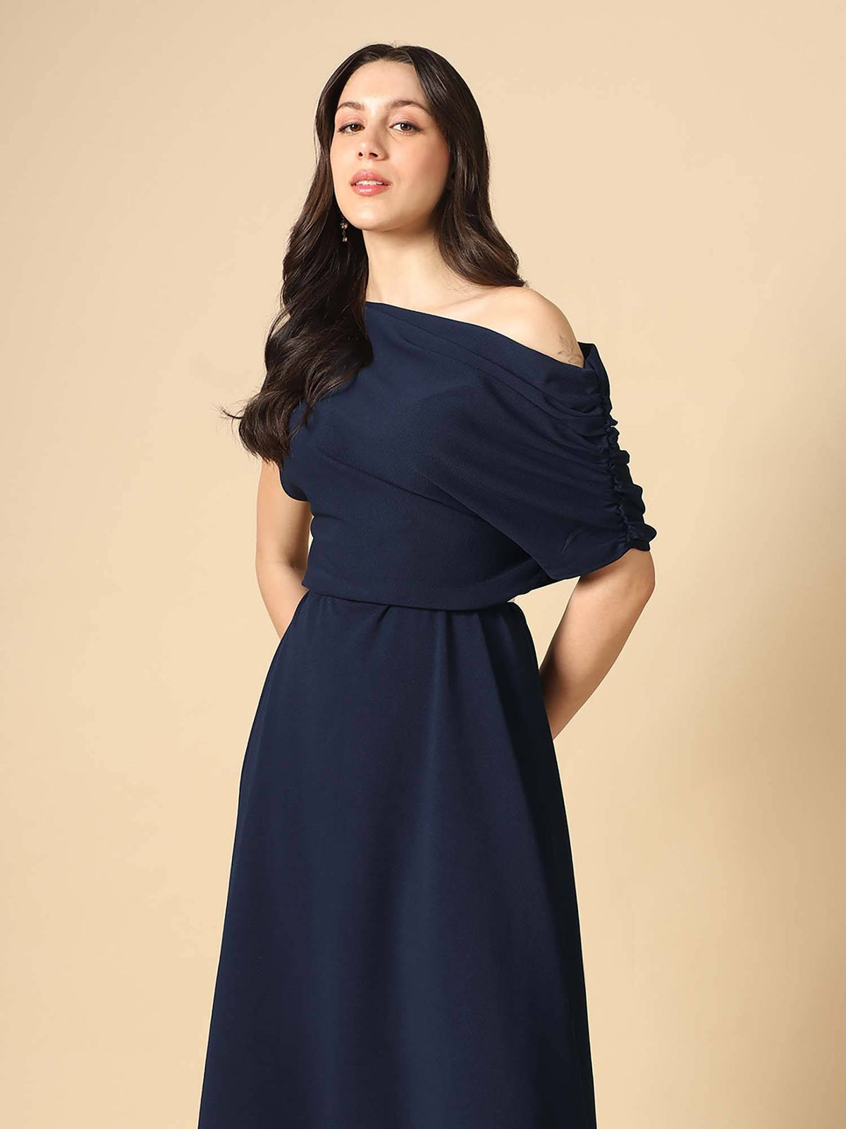Women Navy Blue Ruched Sleeve Midi Dress | D56 - view 5