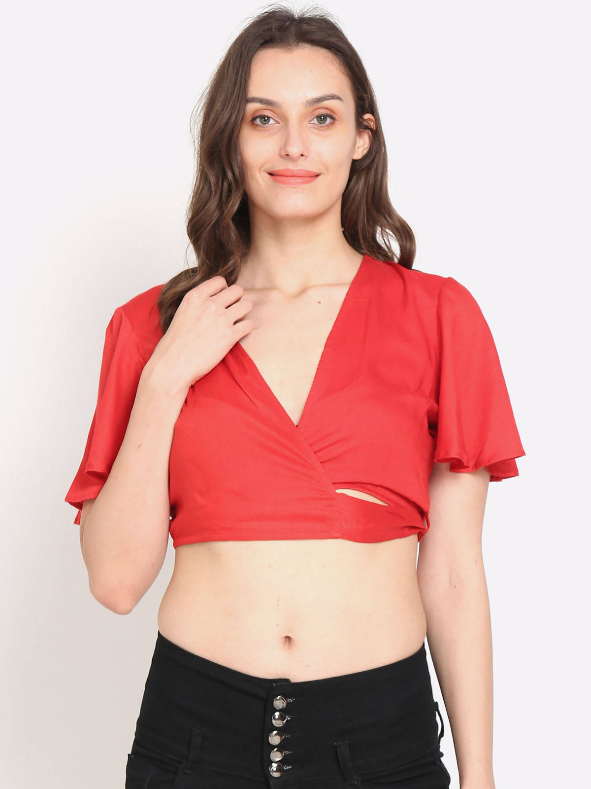 Women's Viscose Half Sleeve Solid Red Crop Top | CT61 - view 1
