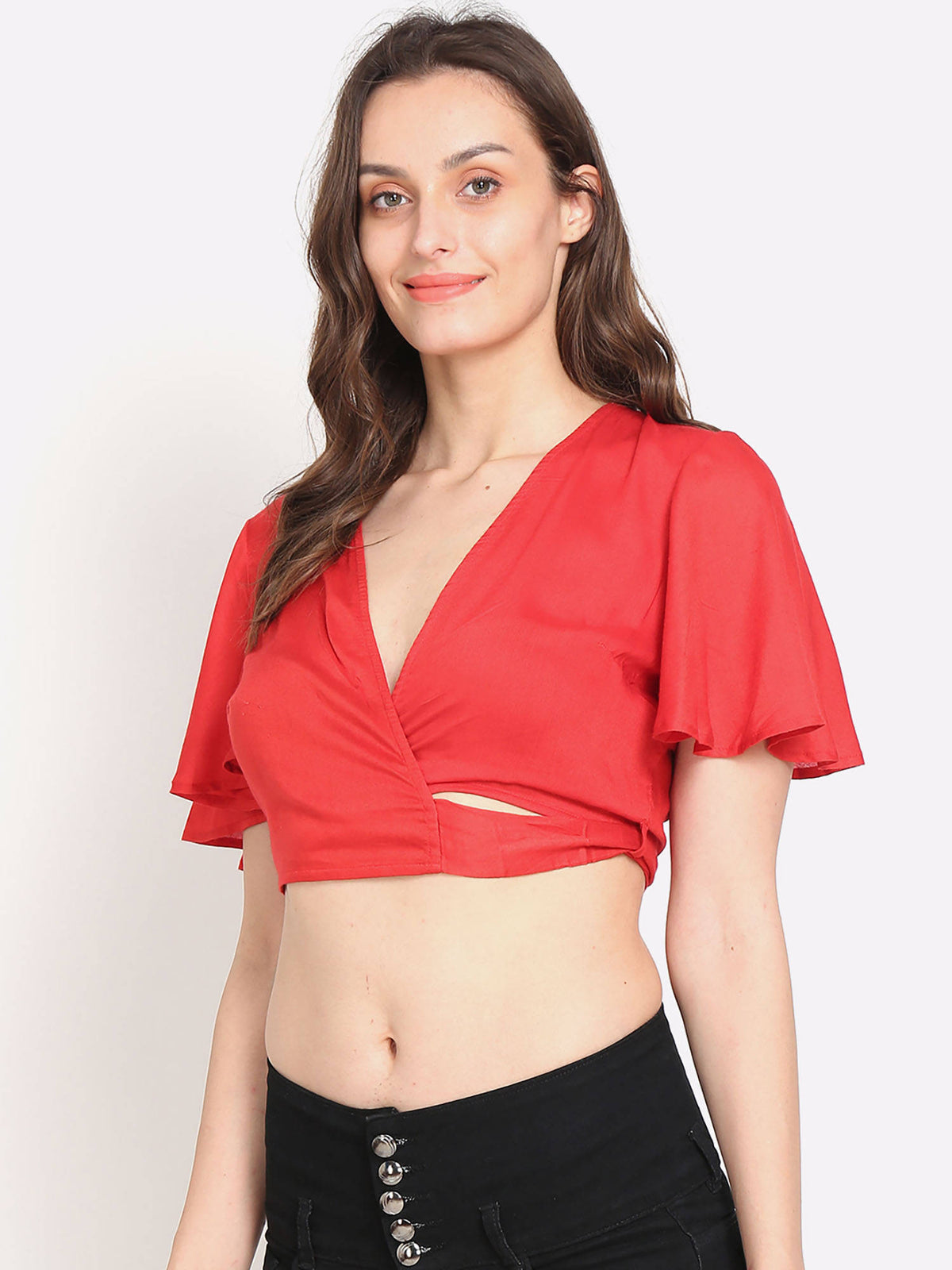 Women's Viscose Half Sleeve Solid Red Crop Top | CT61 - view 2