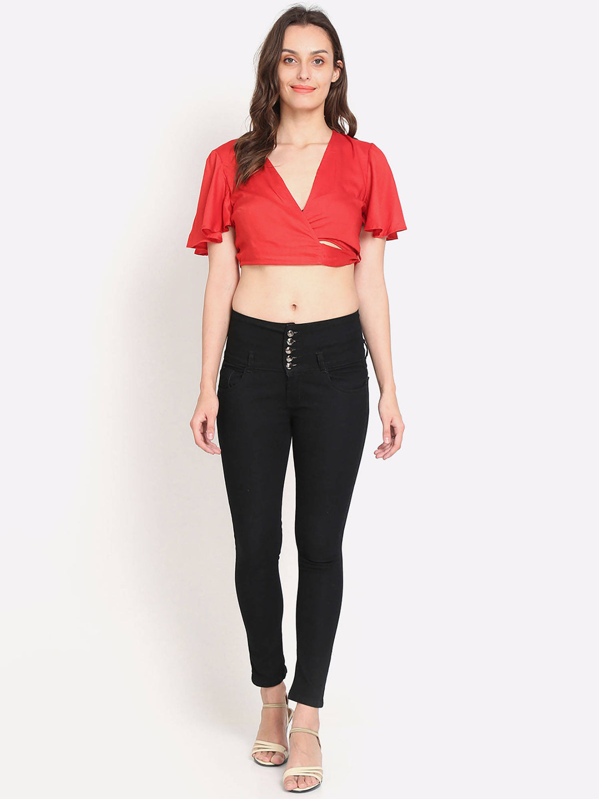Women's Viscose Half Sleeve Solid Red Crop Top | CT61 - view 3