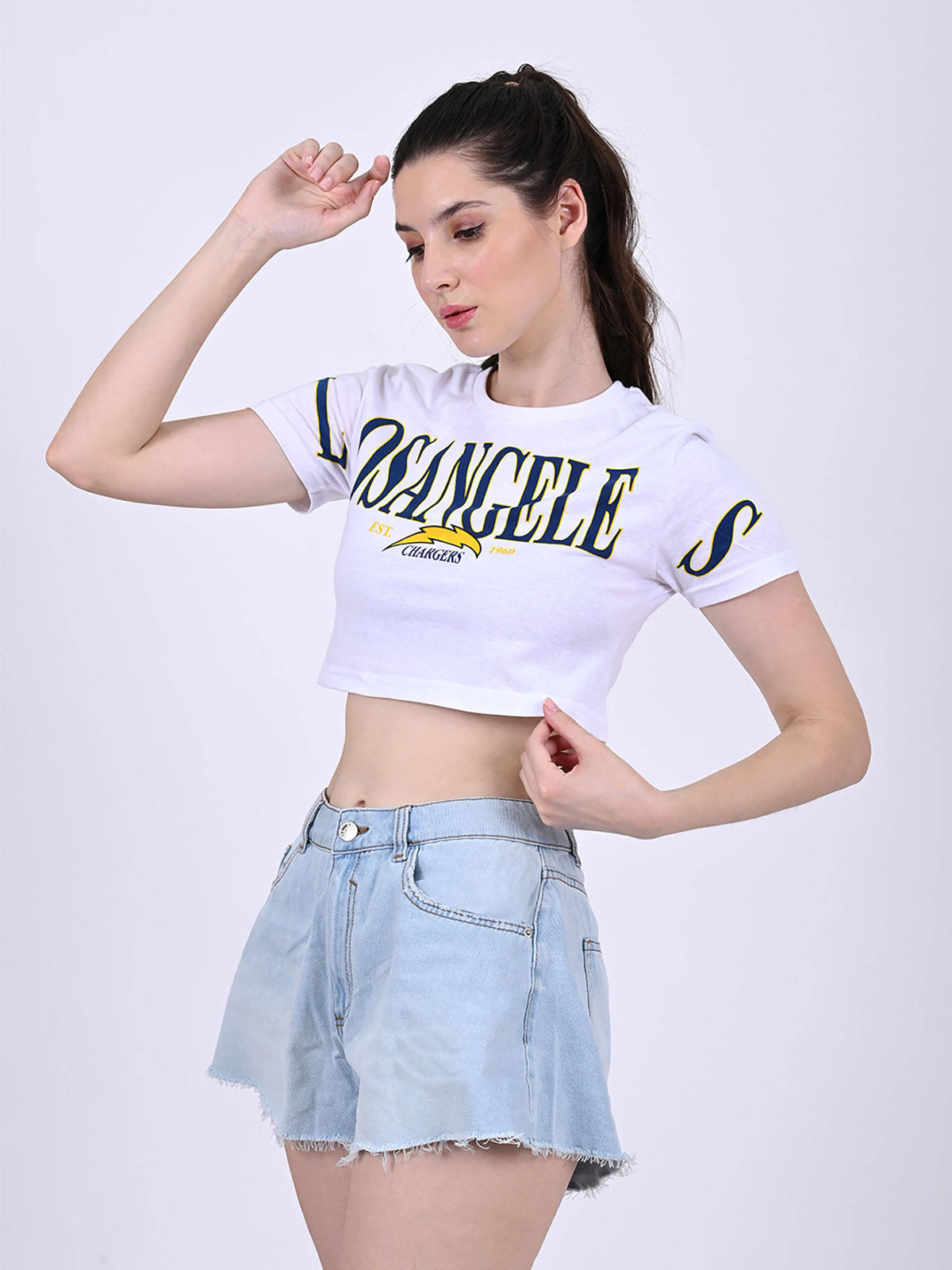 Women's Cotton Round Neck with Half Sleeve White Crop Top | CT61 - view 1