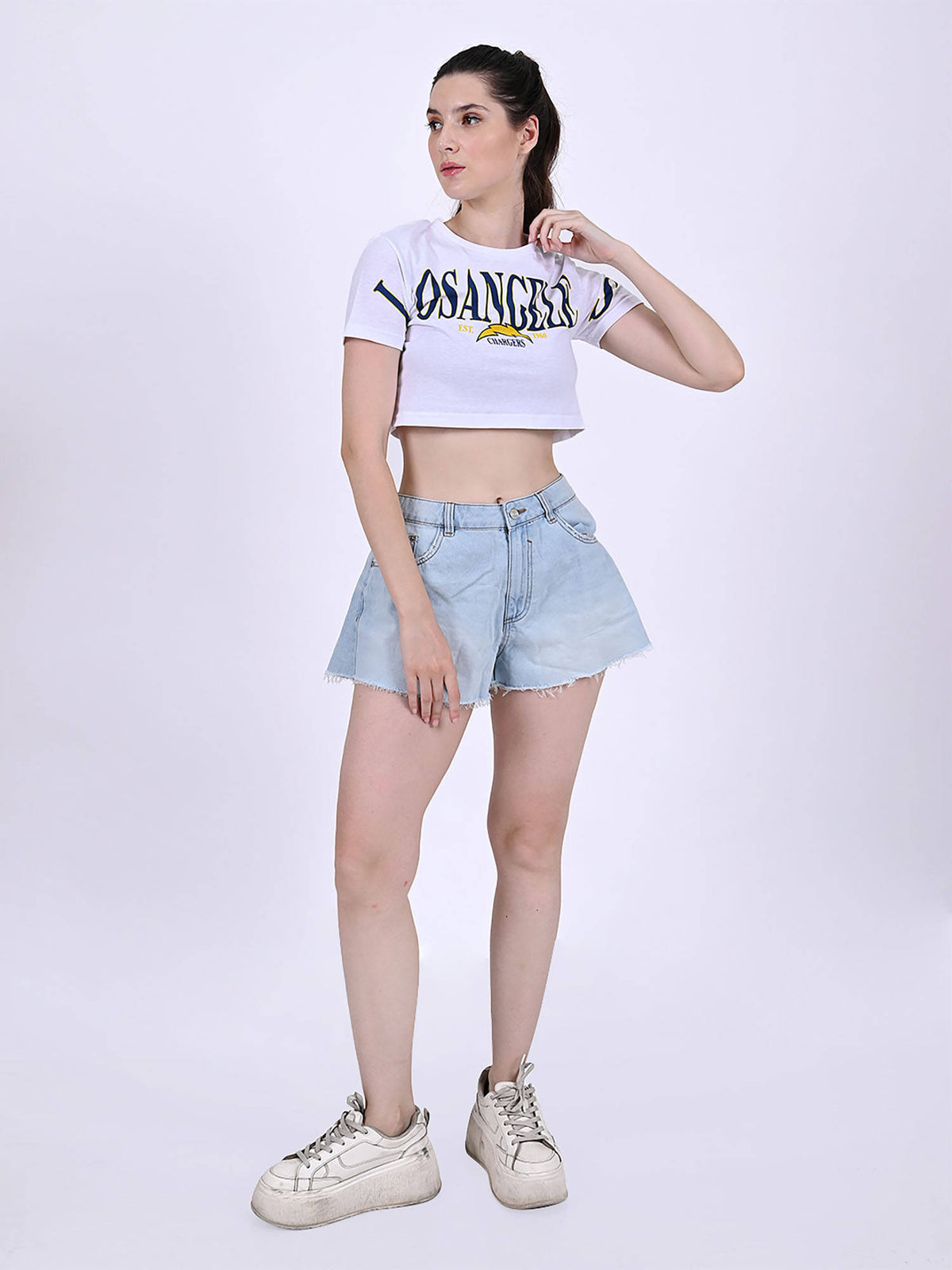 Women's Cotton Round Neck with Half Sleeve White Crop Top | CT61 - view 2