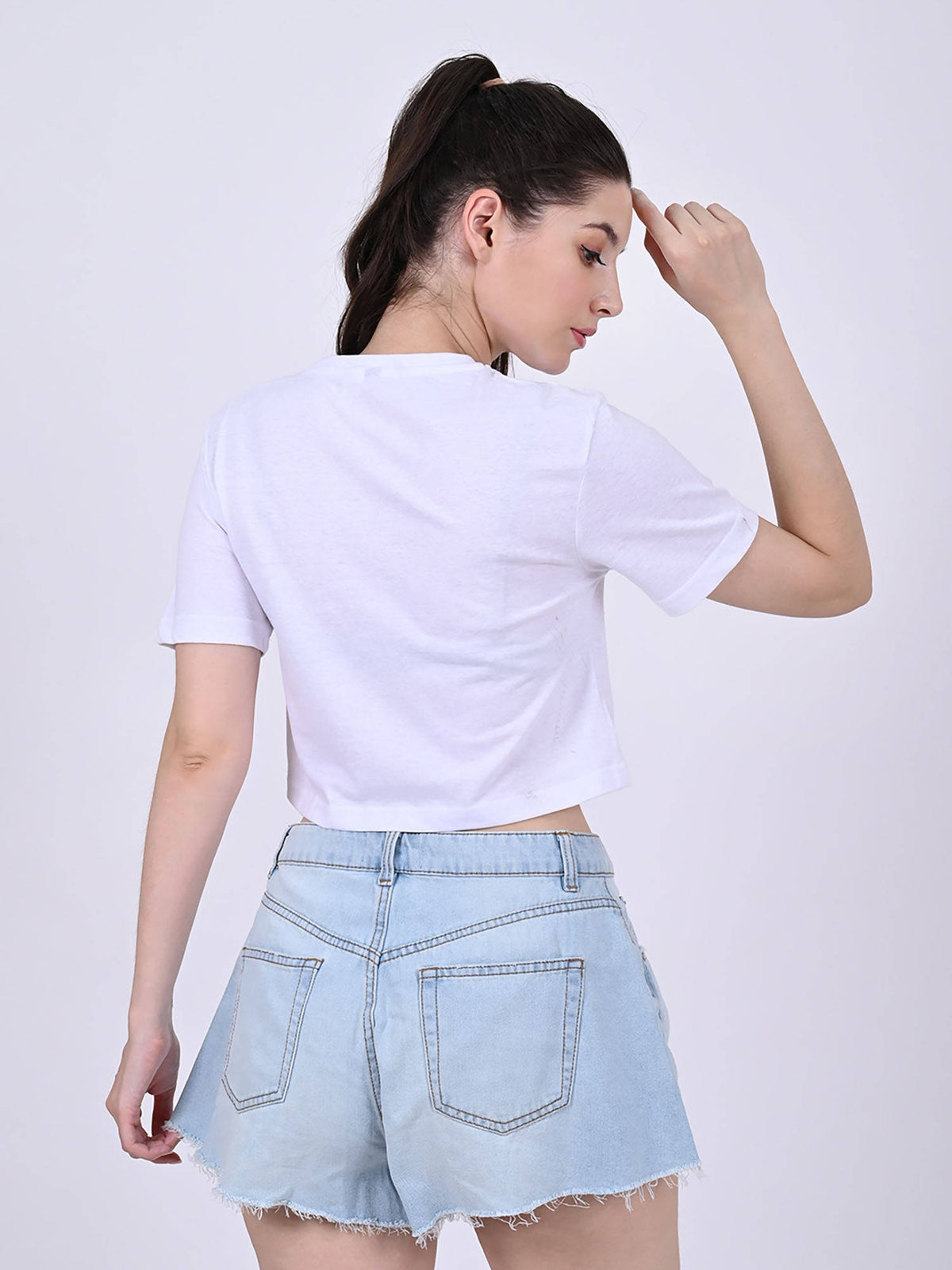 Women's Cotton Round Neck with Half Sleeve White Crop Top | CT61 - view 4