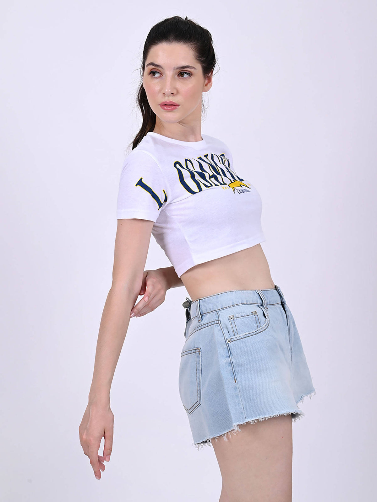 Women's Cotton Round Neck with Half Sleeve White Crop Top | CT61 - view 5