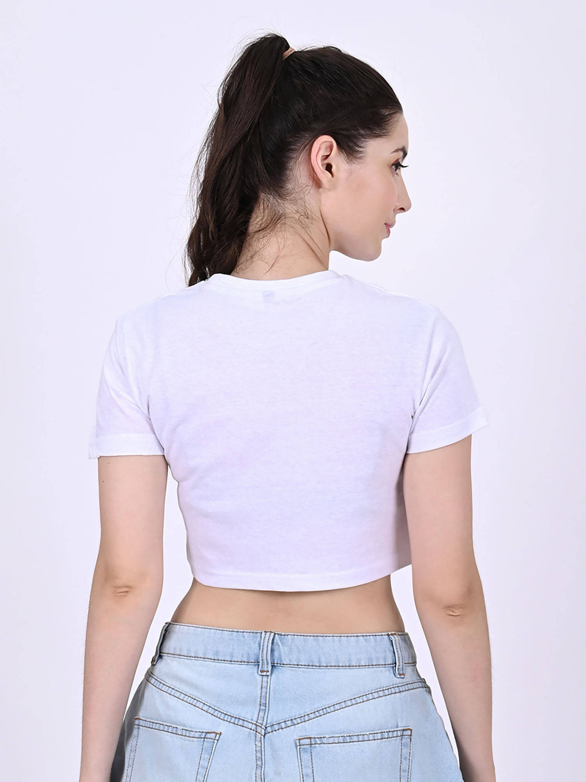 Women's Cotton Round Neck with Half Sleeve White Crop Top | CT61 - view 4