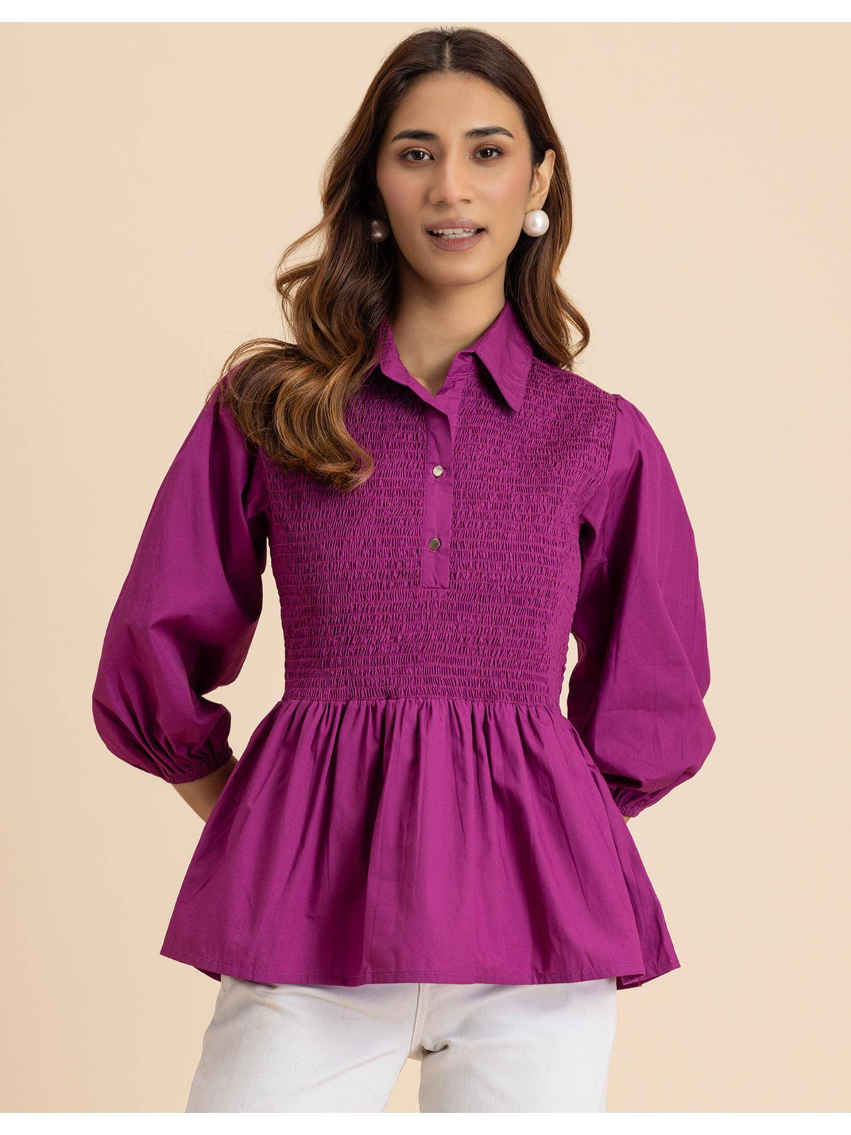 Women Blue Solid Peplum Style Regular Fit Casual Smocked Shirt Top | pt51 - view 22