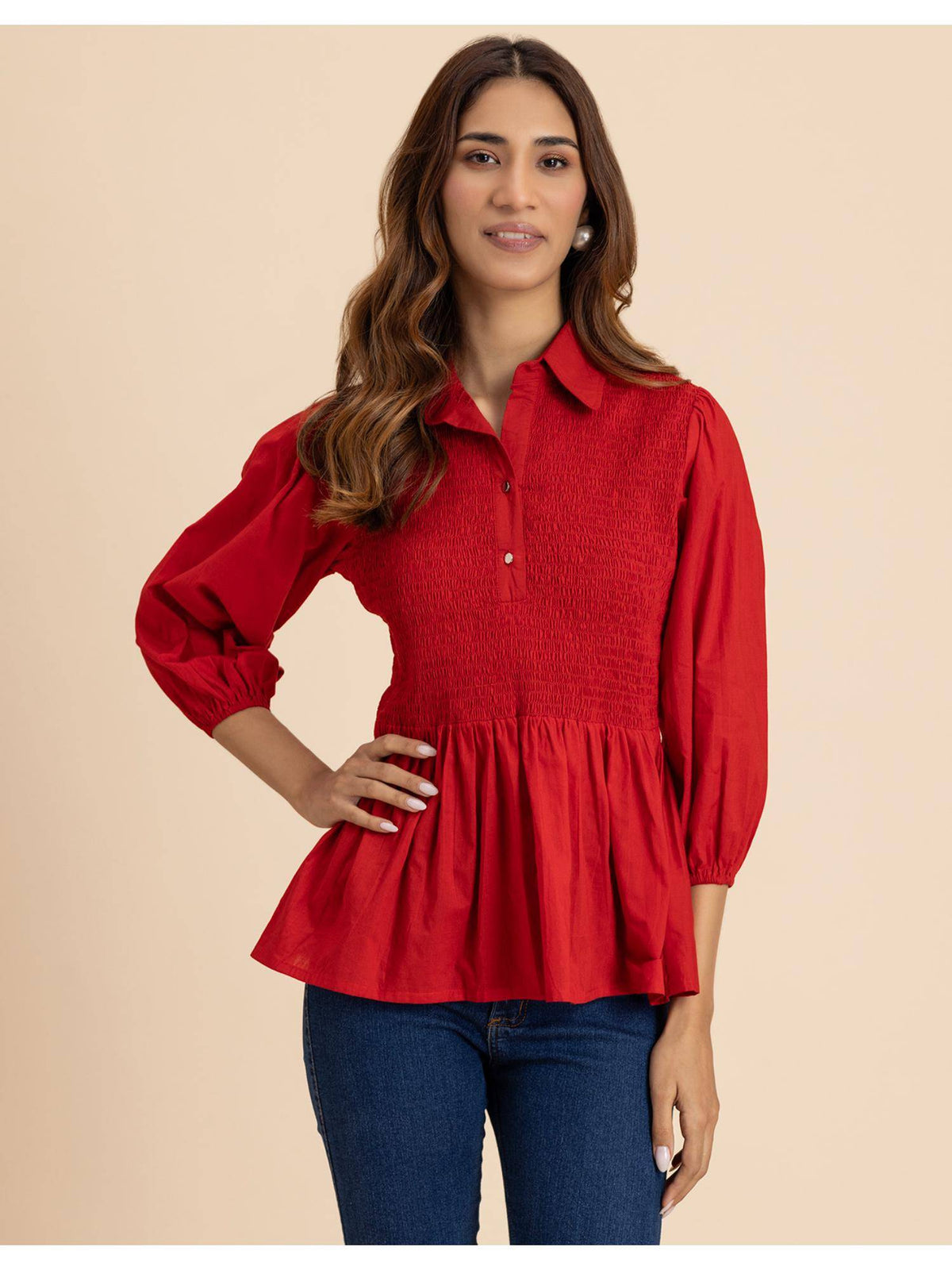 Women Black Solid Peplum Style Regular Fit Casual Smocked Shirt Top | pt51 - view 22