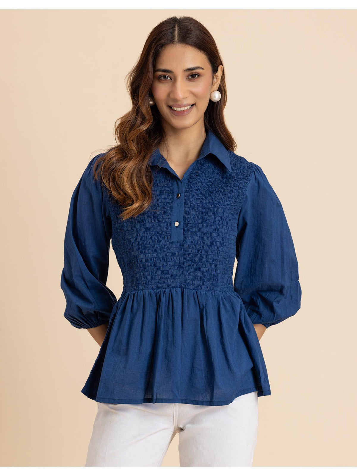 Women Blue Solid Peplum Style Regular Fit Casual Smocked Shirt Top | pt51 - view 1