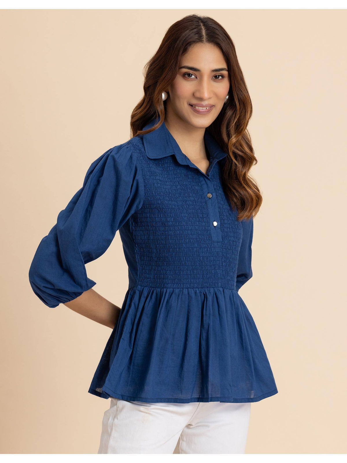 Women Blue Solid Peplum Style Regular Fit Casual Smocked Shirt Top | pt51 - view 2
