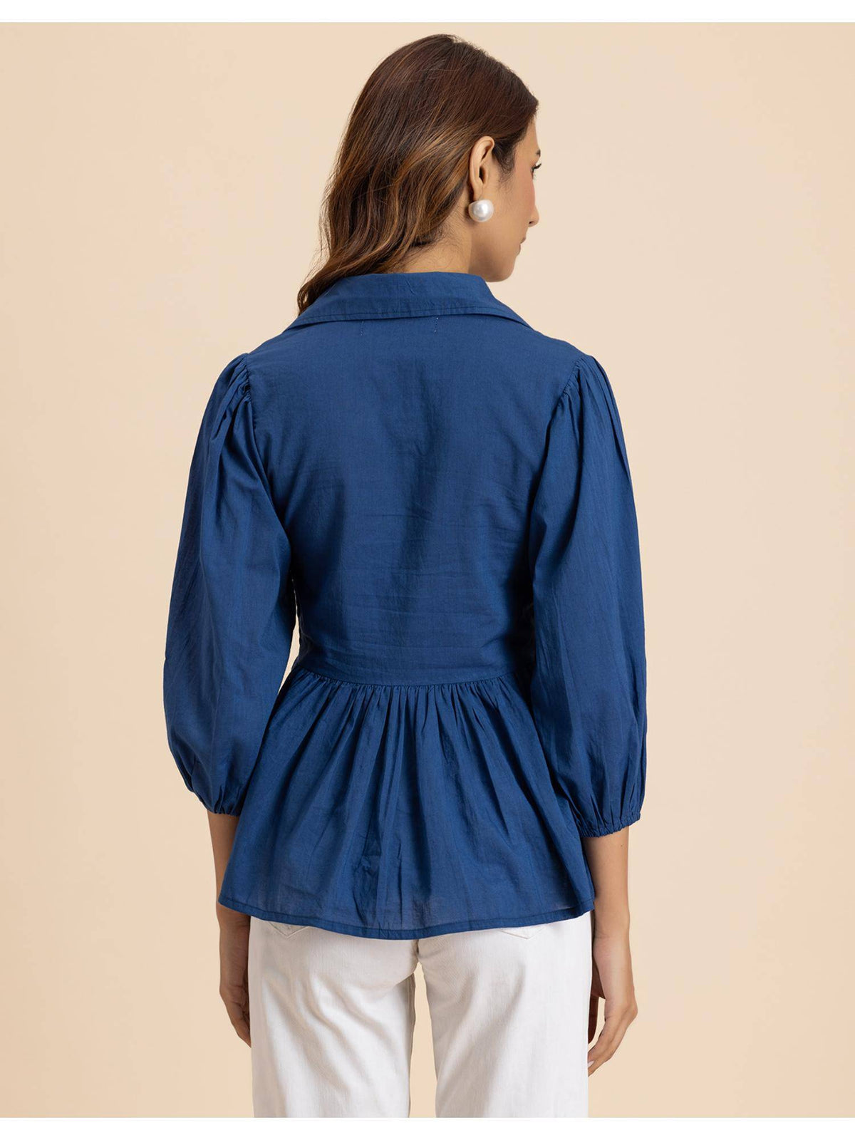 Women Blue Solid Peplum Style Regular Fit Casual Smocked Shirt Top | pt51 - view 3