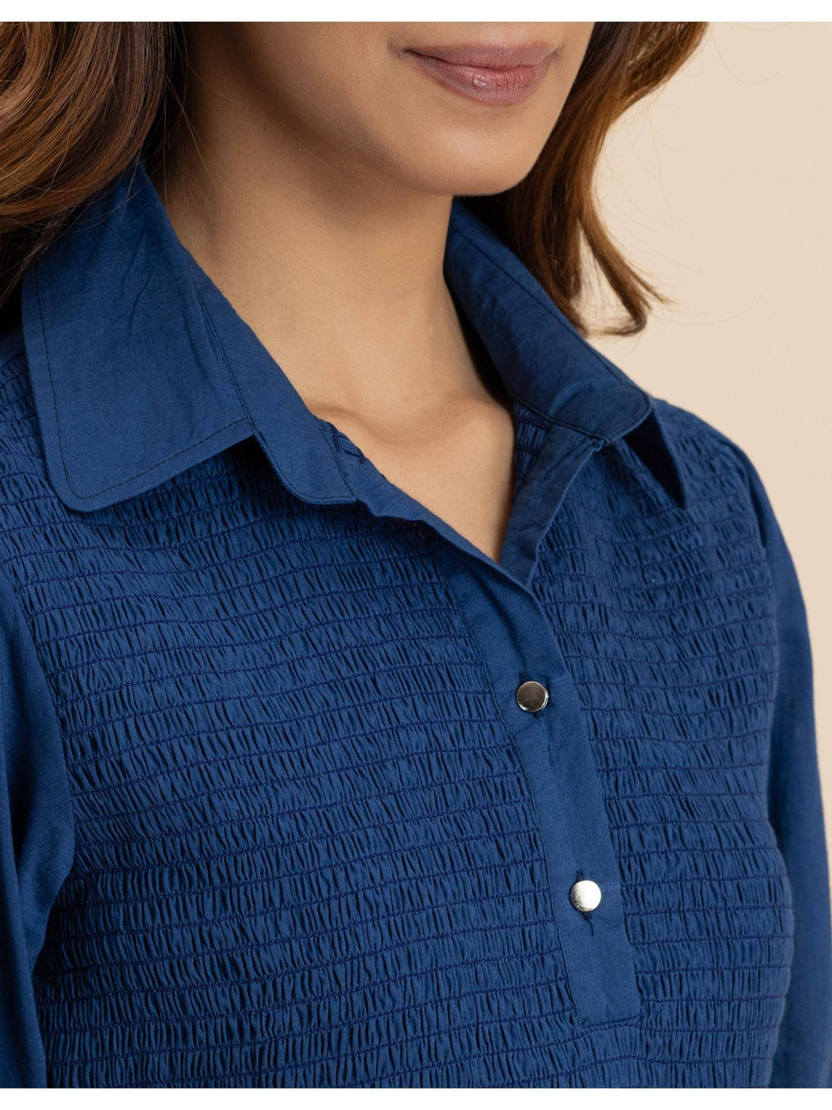 Women Blue Solid Peplum Style Regular Fit Casual Smocked Shirt Top | pt51 - view 4