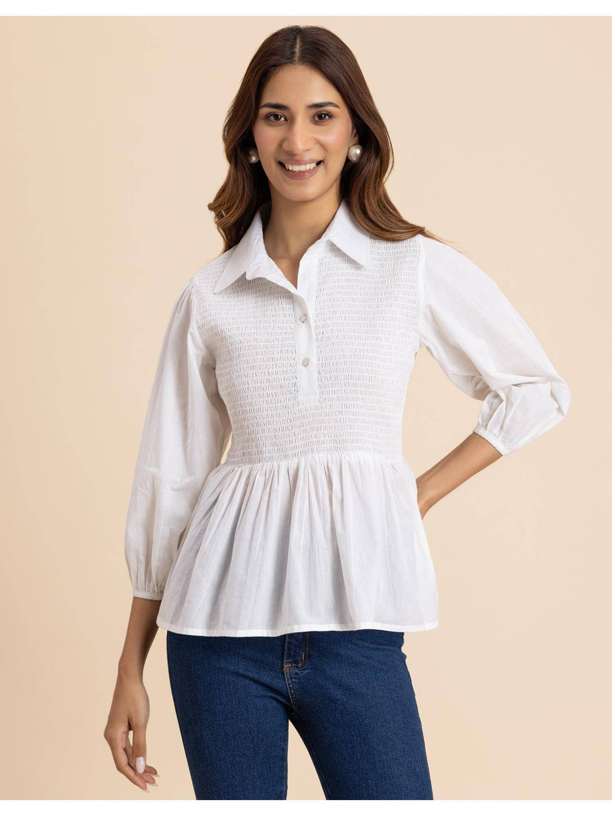 Women Blue Solid Peplum Style Regular Fit Casual Smocked Shirt Top | pt51 - view 8