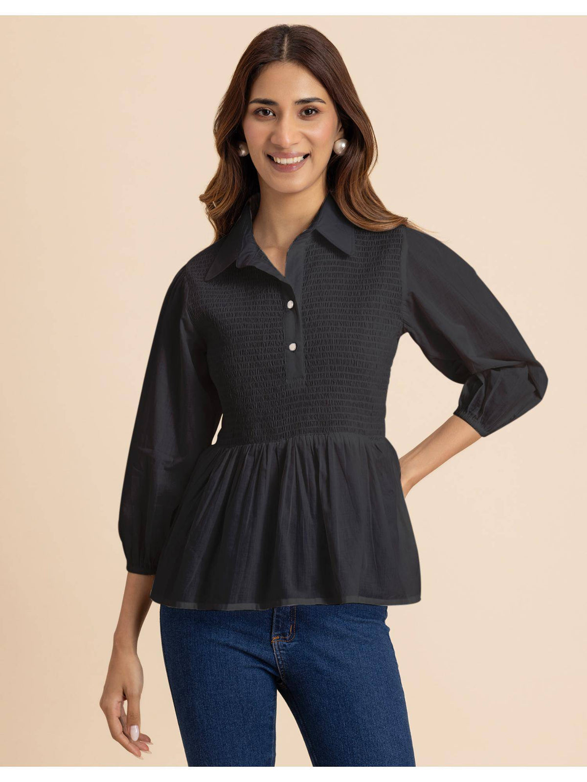 Women Black Solid Peplum Style Regular Fit Casual Smocked Shirt Top | pt51 - view 1