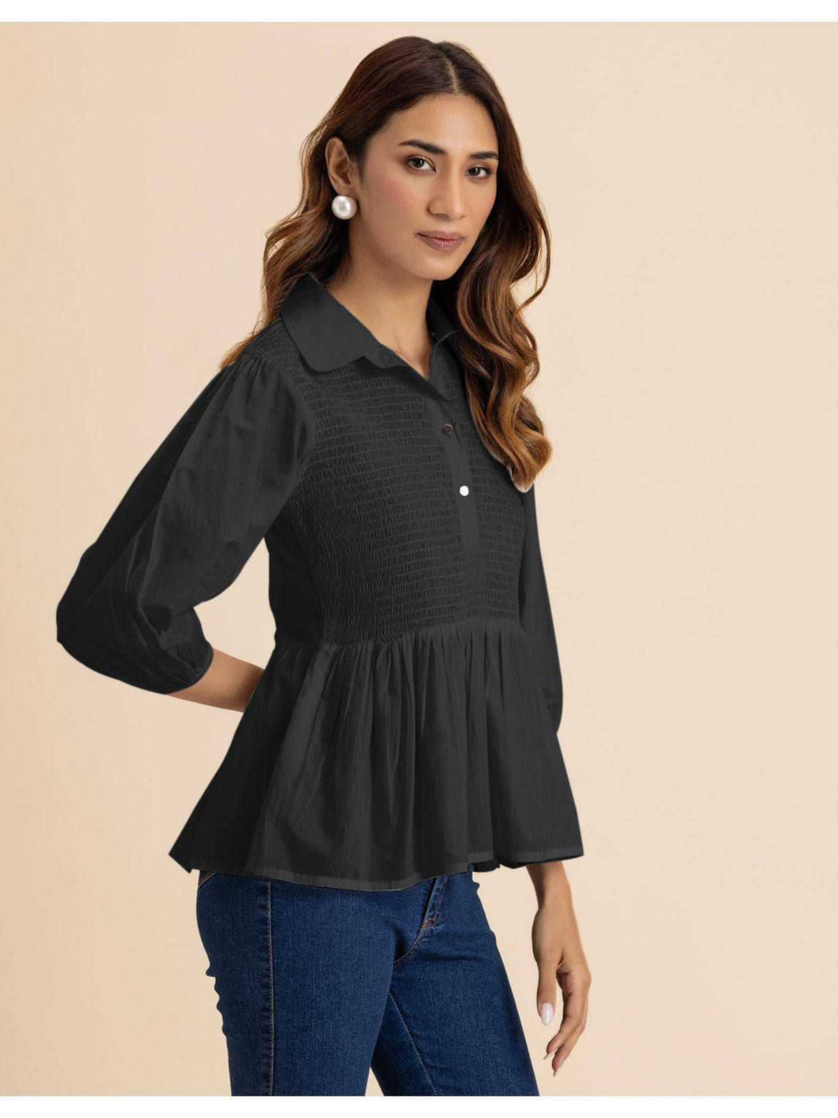 Women Black Solid Peplum Style Regular Fit Casual Smocked Shirt Top | pt51 - view 2