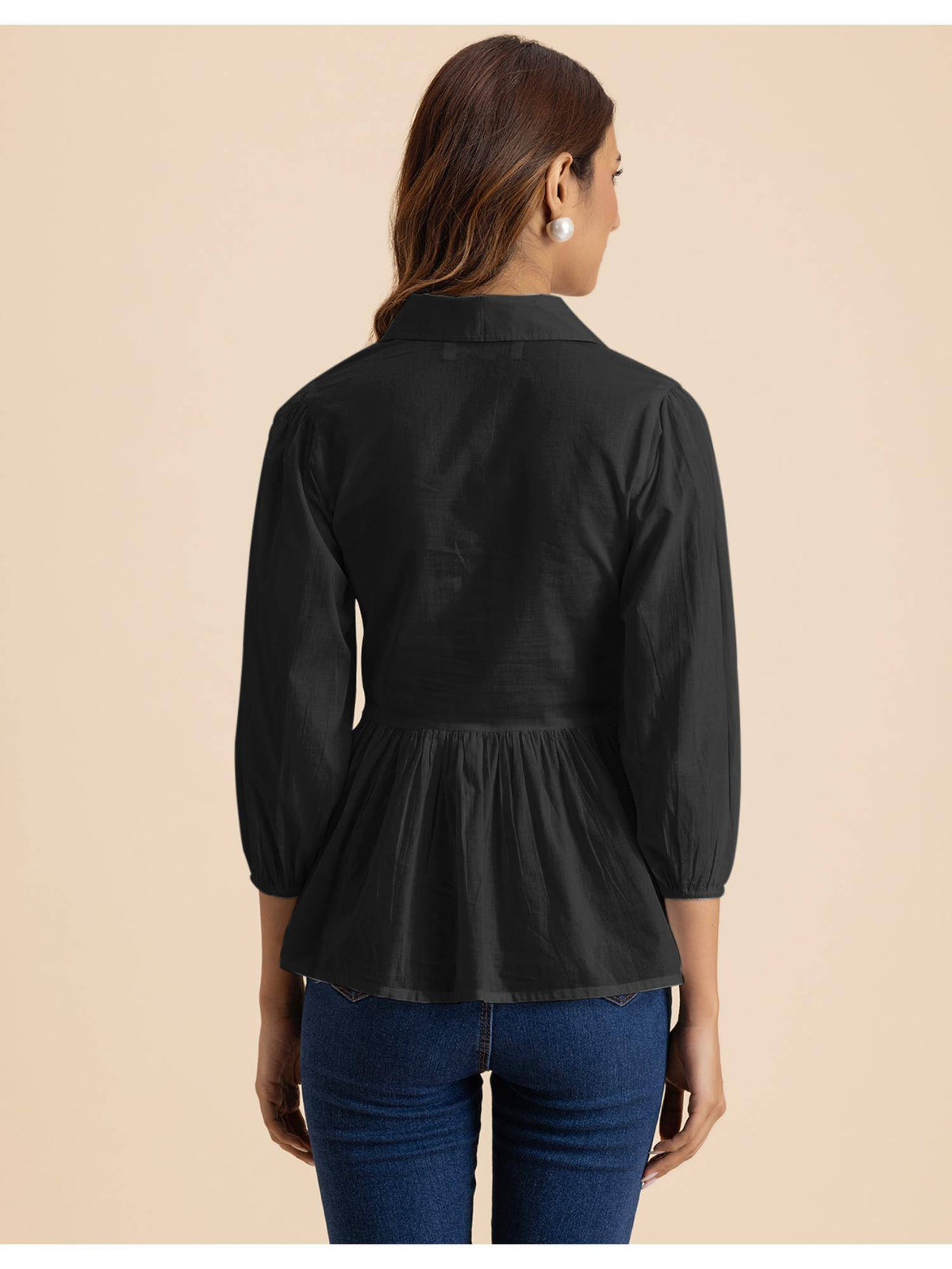 Women Black Solid Peplum Style Regular Fit Casual Smocked Shirt Top | pt51 - view 3