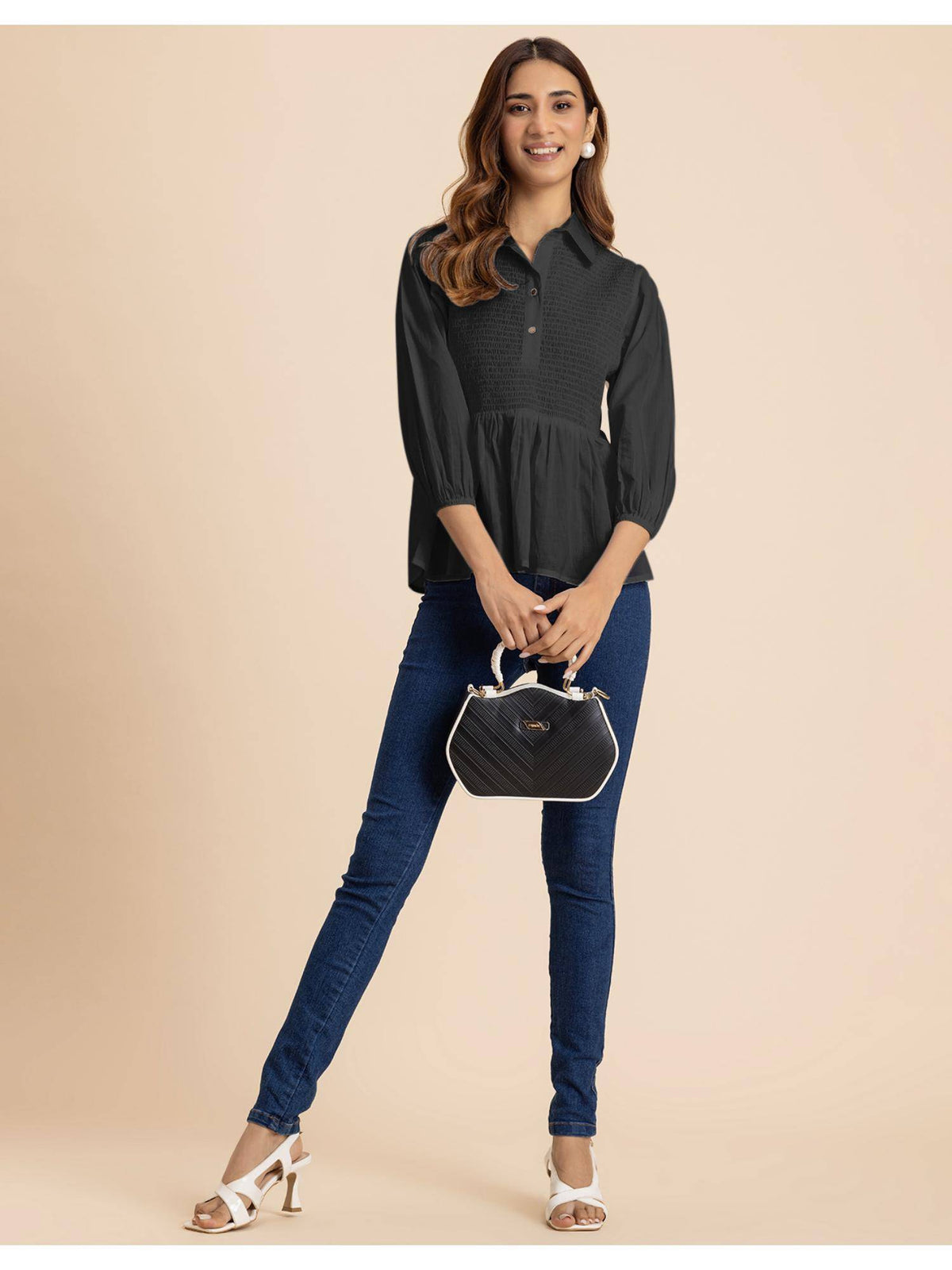 Women Black Solid Peplum Style Regular Fit Casual Smocked Shirt Top | pt51 - view 5