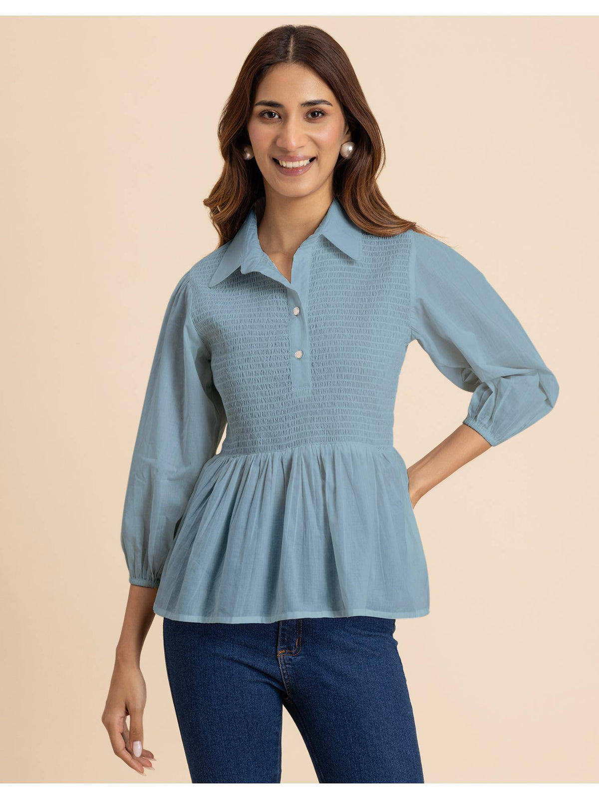 Women Black Solid Peplum Style Regular Fit Casual Smocked Shirt Top | pt51 - view 8