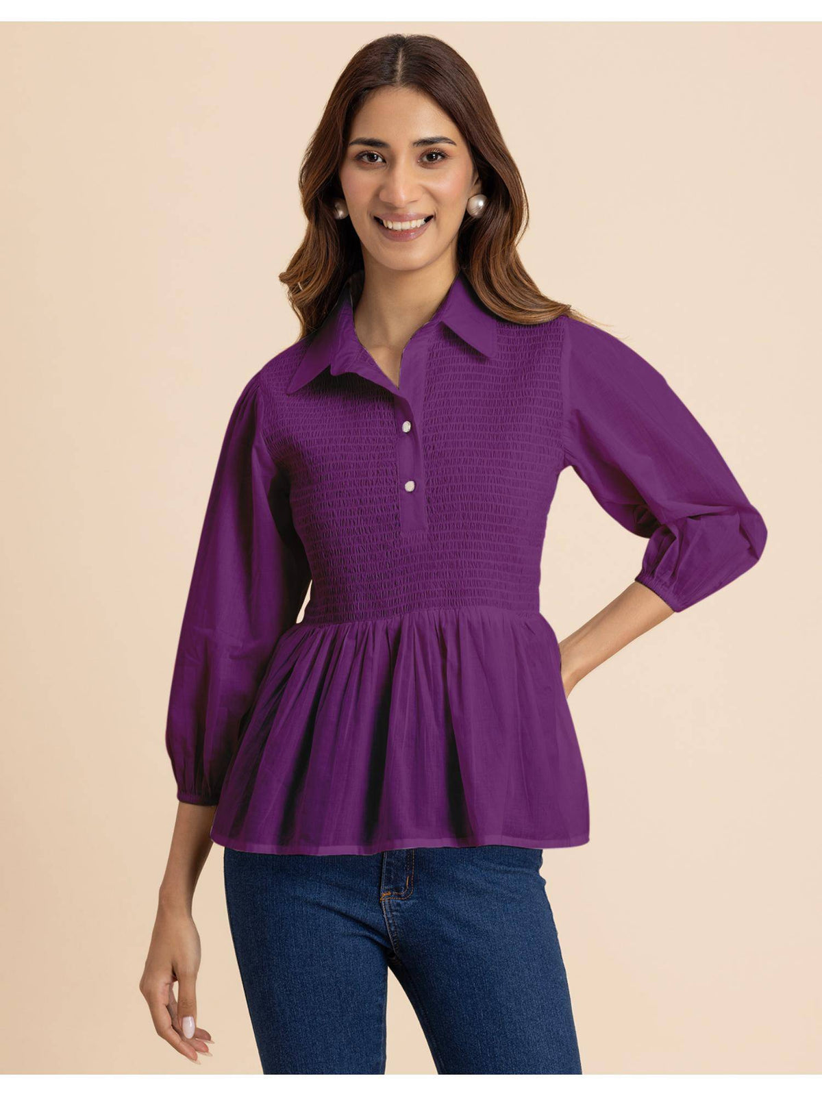 Women Black Solid Peplum Style Regular Fit Casual Smocked Shirt Top | pt51 - view 15
