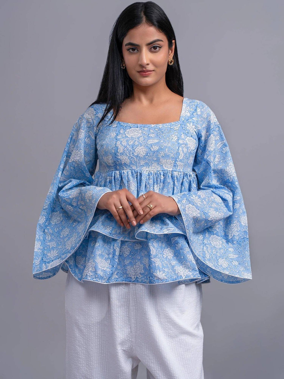 Women Blue and White Floral Printed Layered Smocked Peplum Top | pt51 - view 1