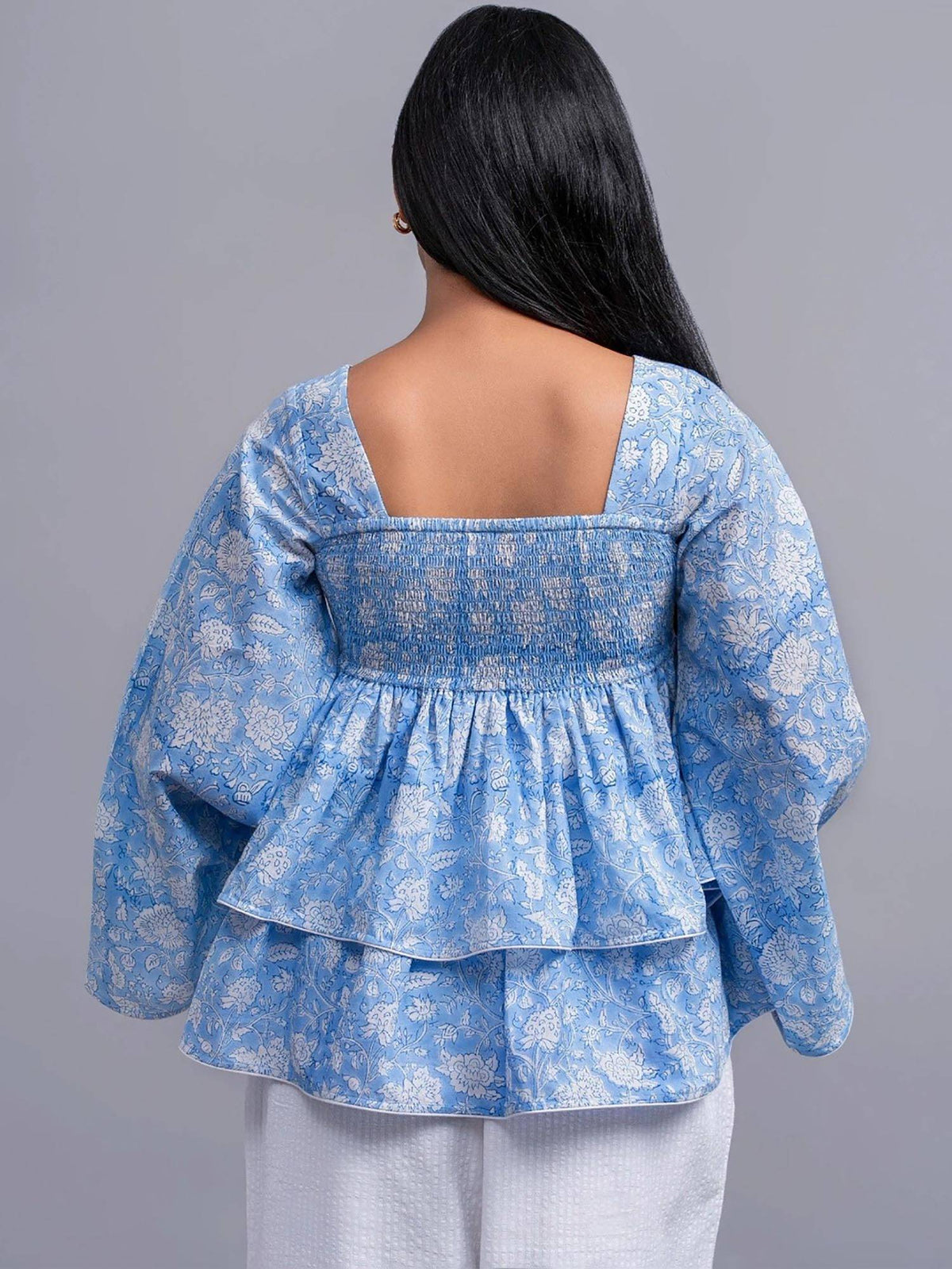Women Blue and White Floral Printed Layered Smocked Peplum Top | pt51 - view 3