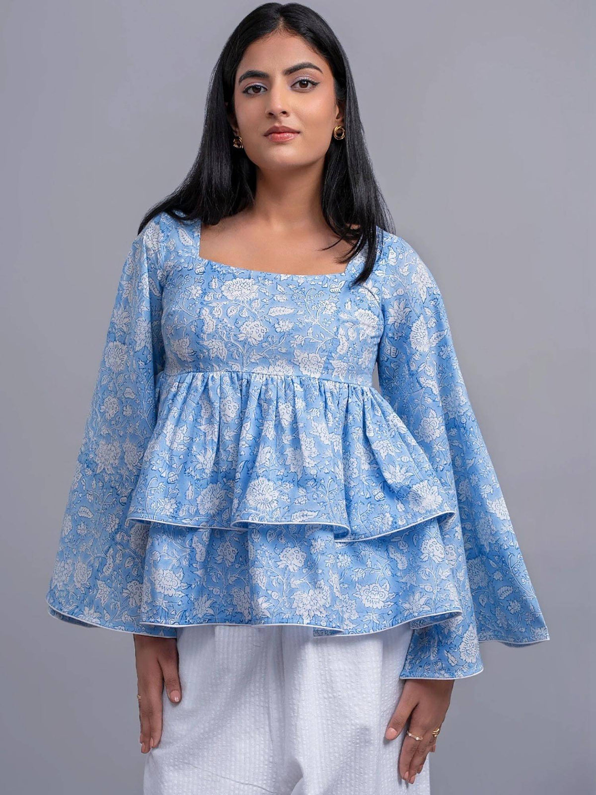 Women Blue and White Floral Printed Layered Smocked Peplum Top | pt51 - view 4