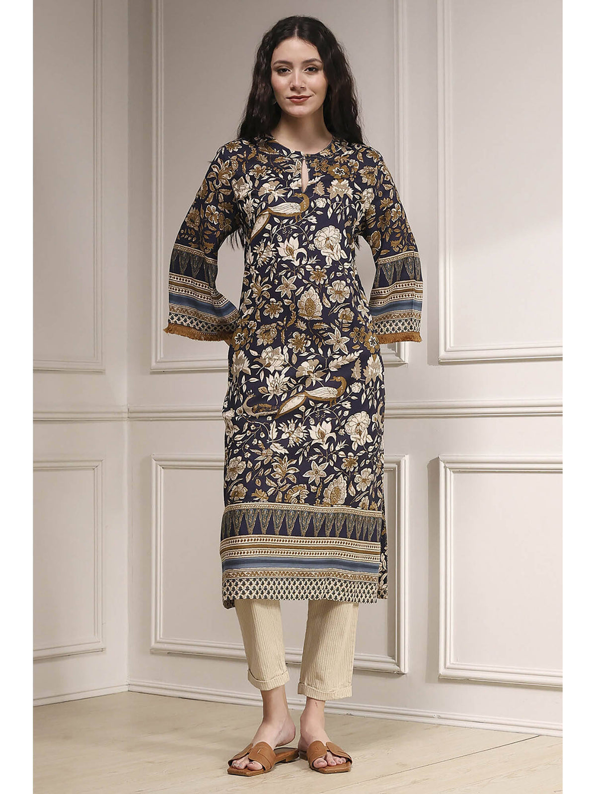 Women Navy Blue Viscose Rayon Straight Floral Printed Kurta | U3S - view 1
