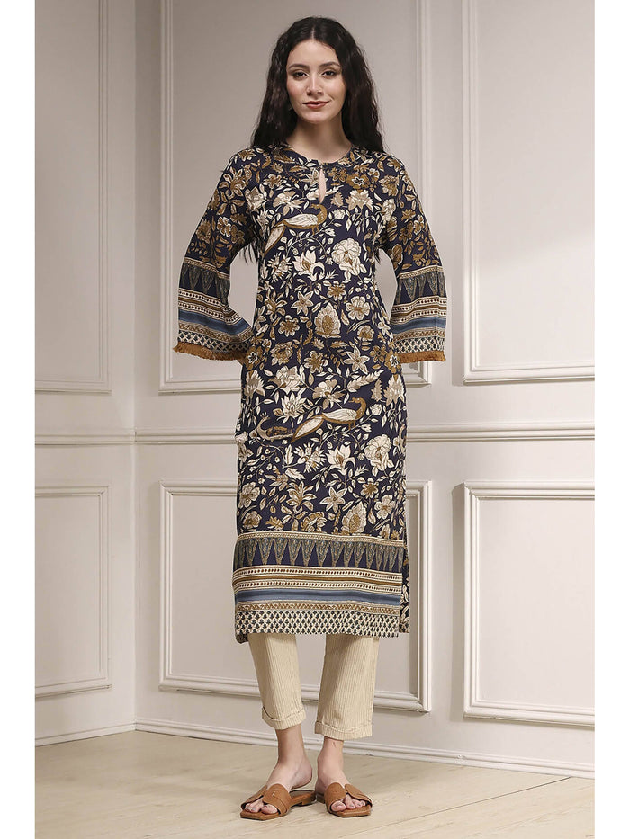 Women Navy Blue Viscose Rayon Straight Floral Printed Kurta | FY93 - view 1