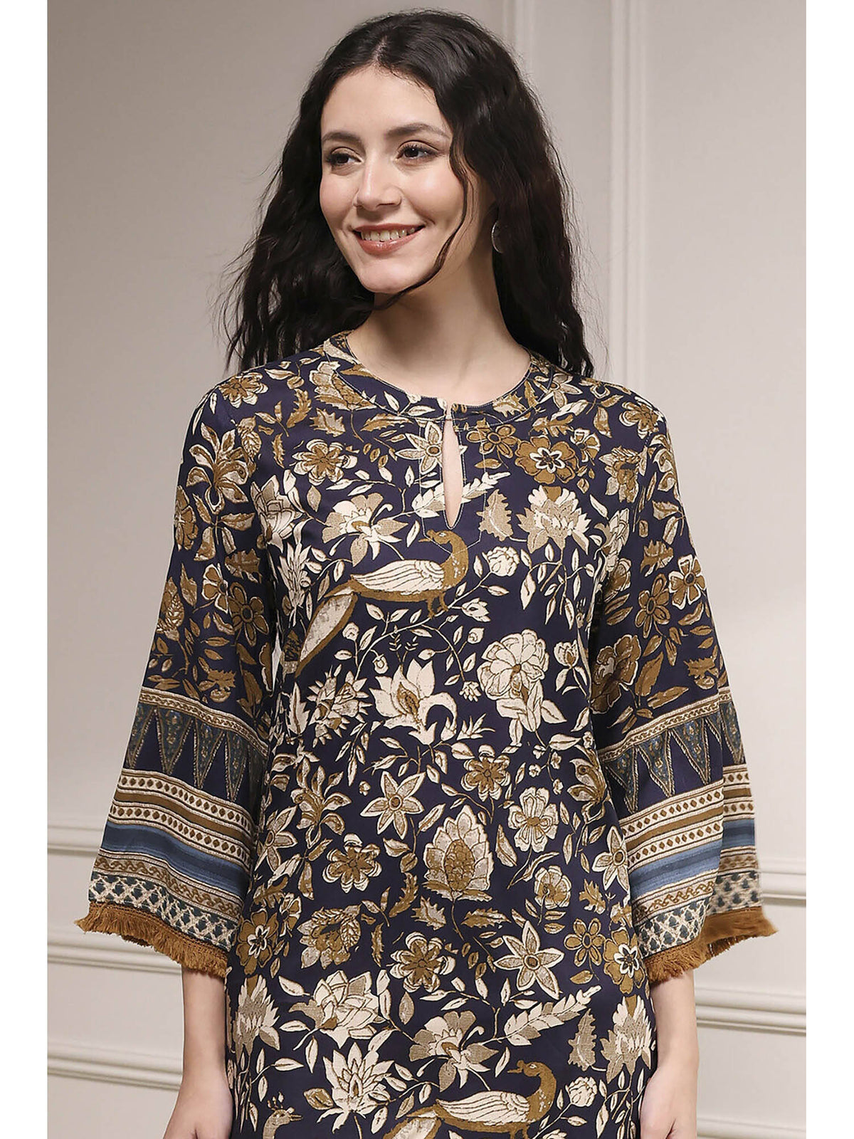 Women Navy Blue Viscose Rayon Straight Floral Printed Kurta | FY93 - view 2