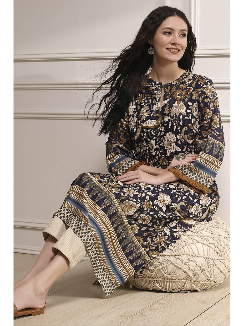 Women Navy Blue Viscose Rayon Straight Floral Printed Kurta | U3S - view 6