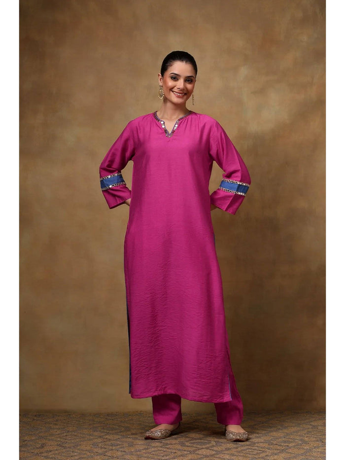 Pink Cotton Silk Straight Sequins Kurta | KDG - view 1