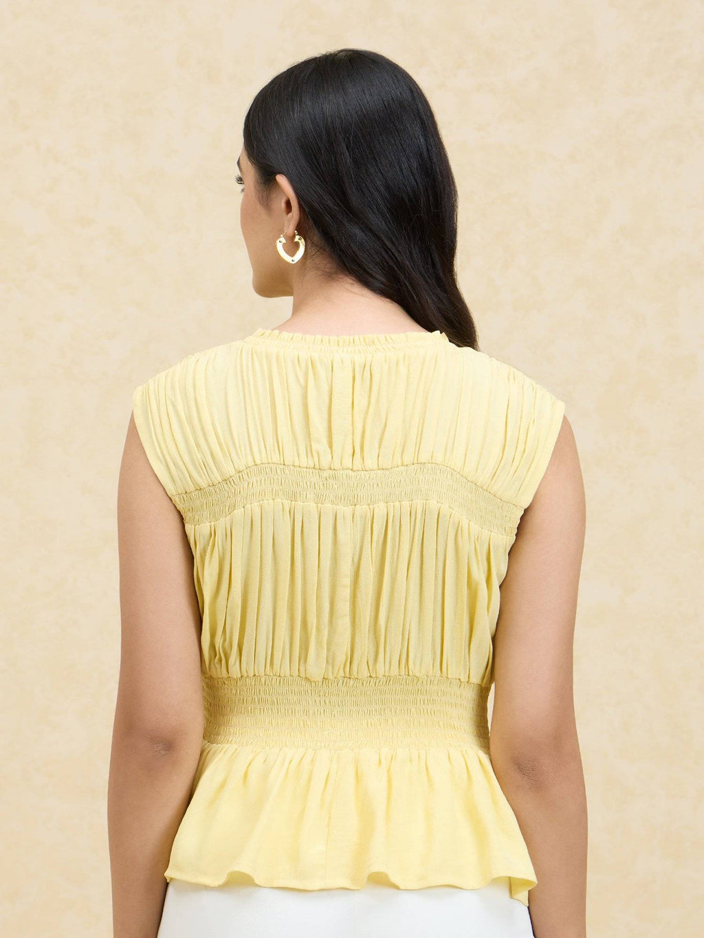 Yellow Solid Smocked Sleeveless Peplum Top | pt51 - view 2